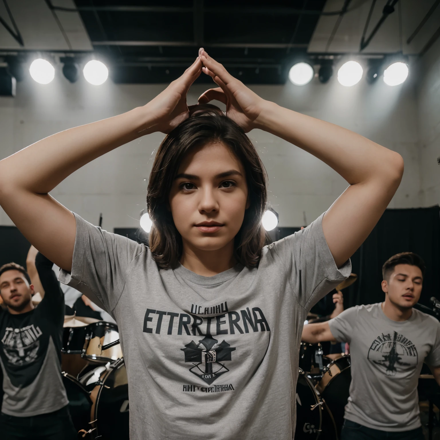 Light gray shirt for a Christian band that contains a logo that says “eterna worship”