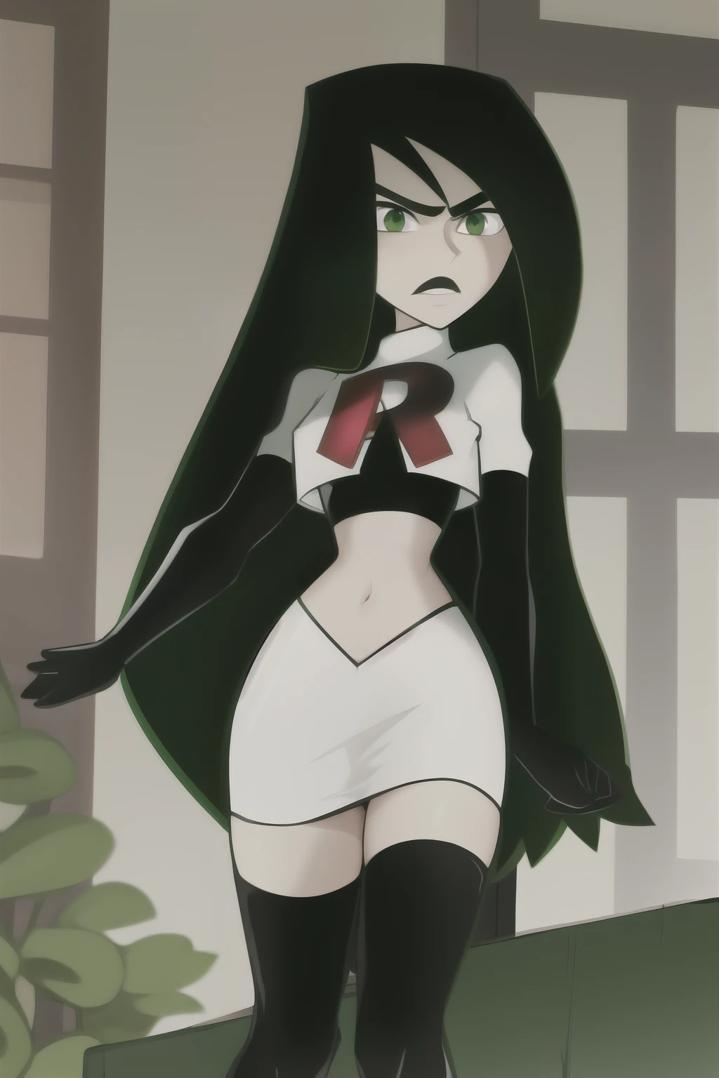shego, 1girl, solo, long_hair, breasts, looking_at_viewer, black_hair, very_long_hair, green_eyes, small_breasts, facial_hair, thick_eyebrows, team rocket,team rocket uniform, red letter R, white skirt,white crop top,black thigh-highs,black elbow gloves