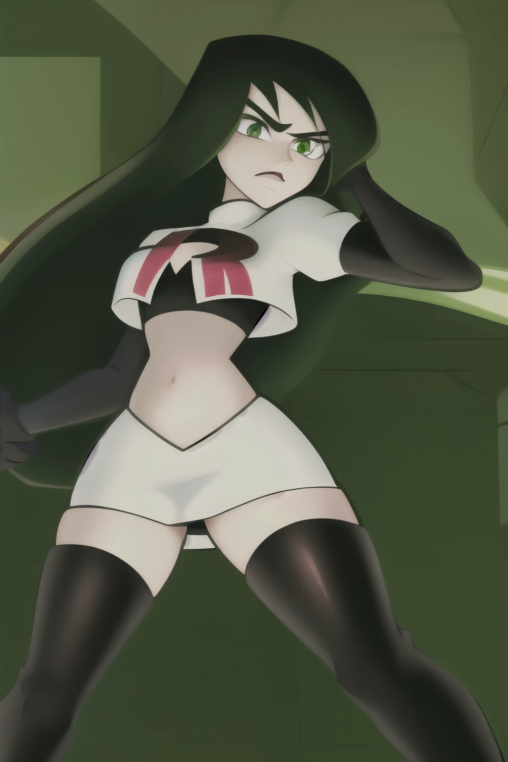 shego, 1girl, solo, long_hair, breasts, looking_at_viewer, black_hair, very_long_hair, green_eyes, small_breasts, facial_hair, thick_eyebrows, team rocket,team rocket uniform, red letter R, white skirt,white crop top,black thigh-highs,black elbow gloves
