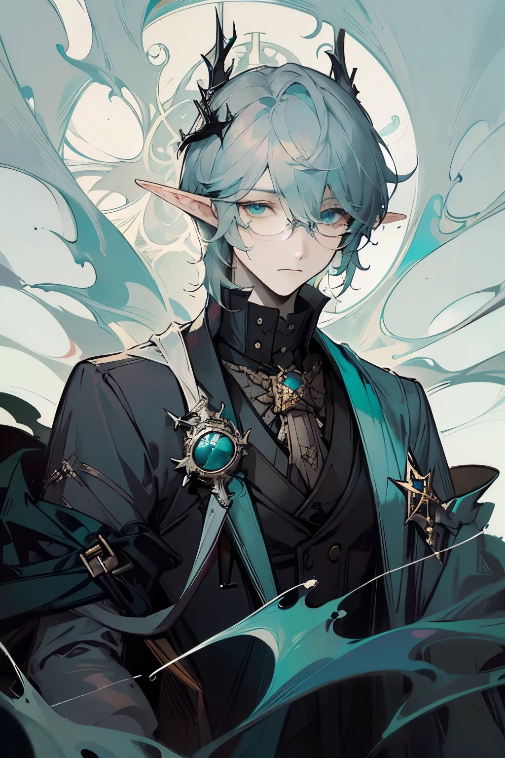 short elf ears, male, guy, boy, masterpiece, expressive eyes, adult, no facial hair, (gray hair, grey hair, hair as long as shoulder, medium short hair, cyan eyes, turquoise eyes, teal eyes), (suit, black suit, dark suit, professional, victorian era outfit, victorian outfit, vintage), half elf, short elven ears, (bangs, hair on one side, bangs cover right eye, bangs over right eye, edge hair), pale, white skin, pale skin, (monocle on left eye, monocle, monocle on eye, eyeglass, wearing eyeglass, wearing monocle)