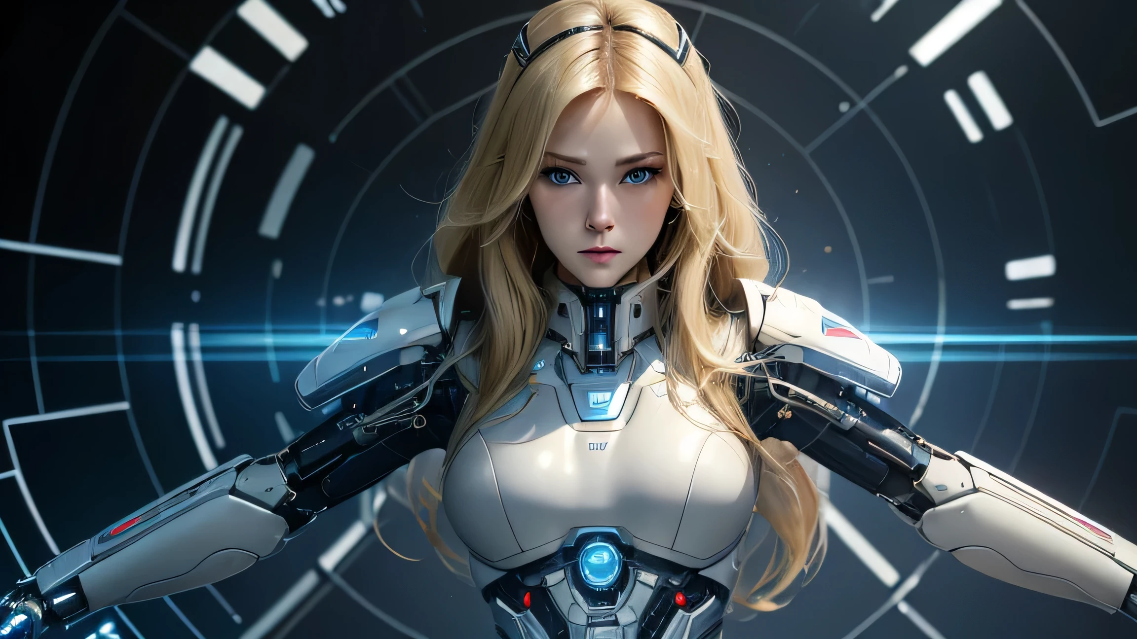 ((best quality)), ((masterpiece)), (detailed), perfect face, blond girl, beautiful, cybernetic uniform, full body, futuristic, revealing clothes.