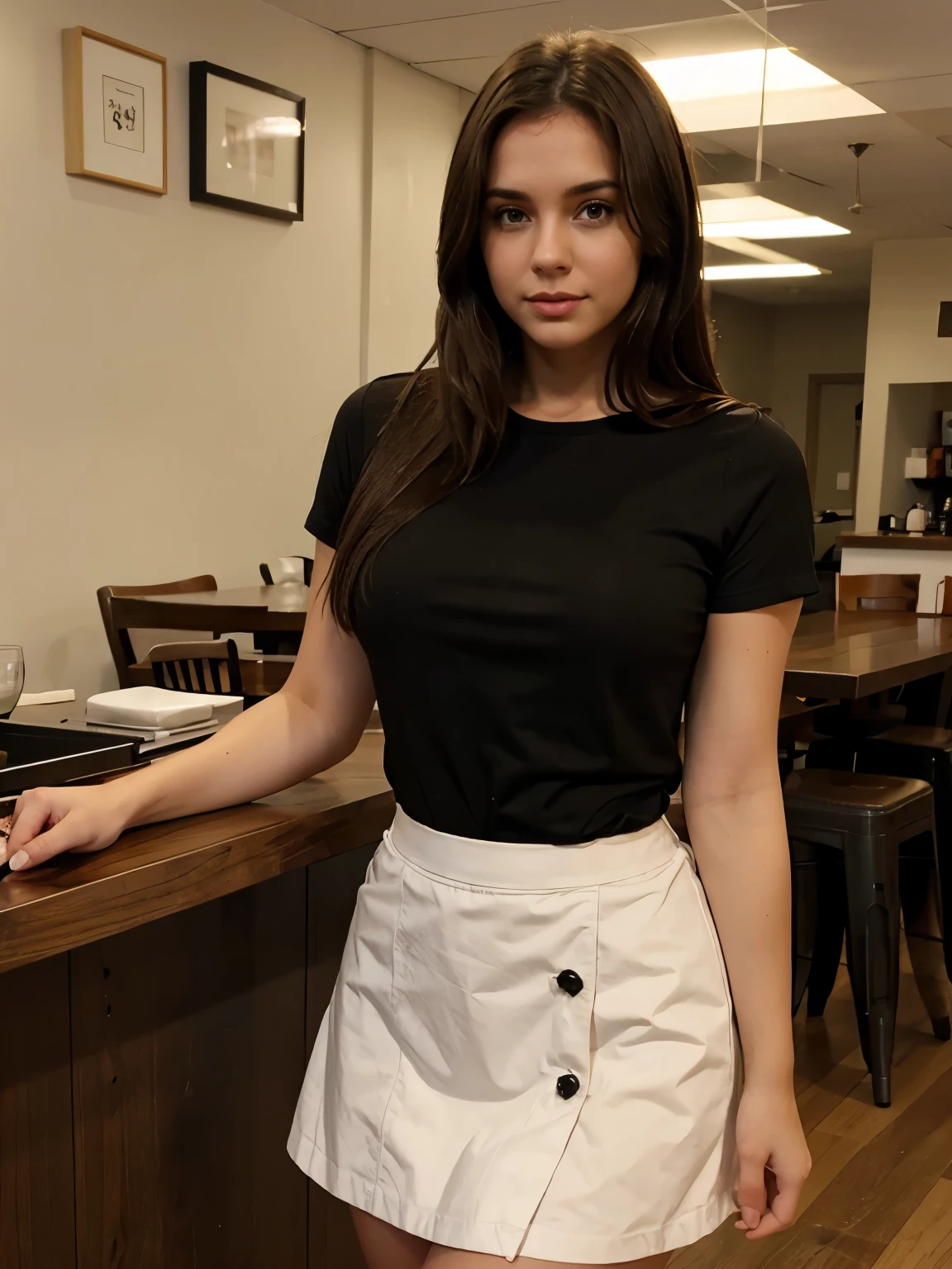 Thick brunette, shirt , dinner, skirt