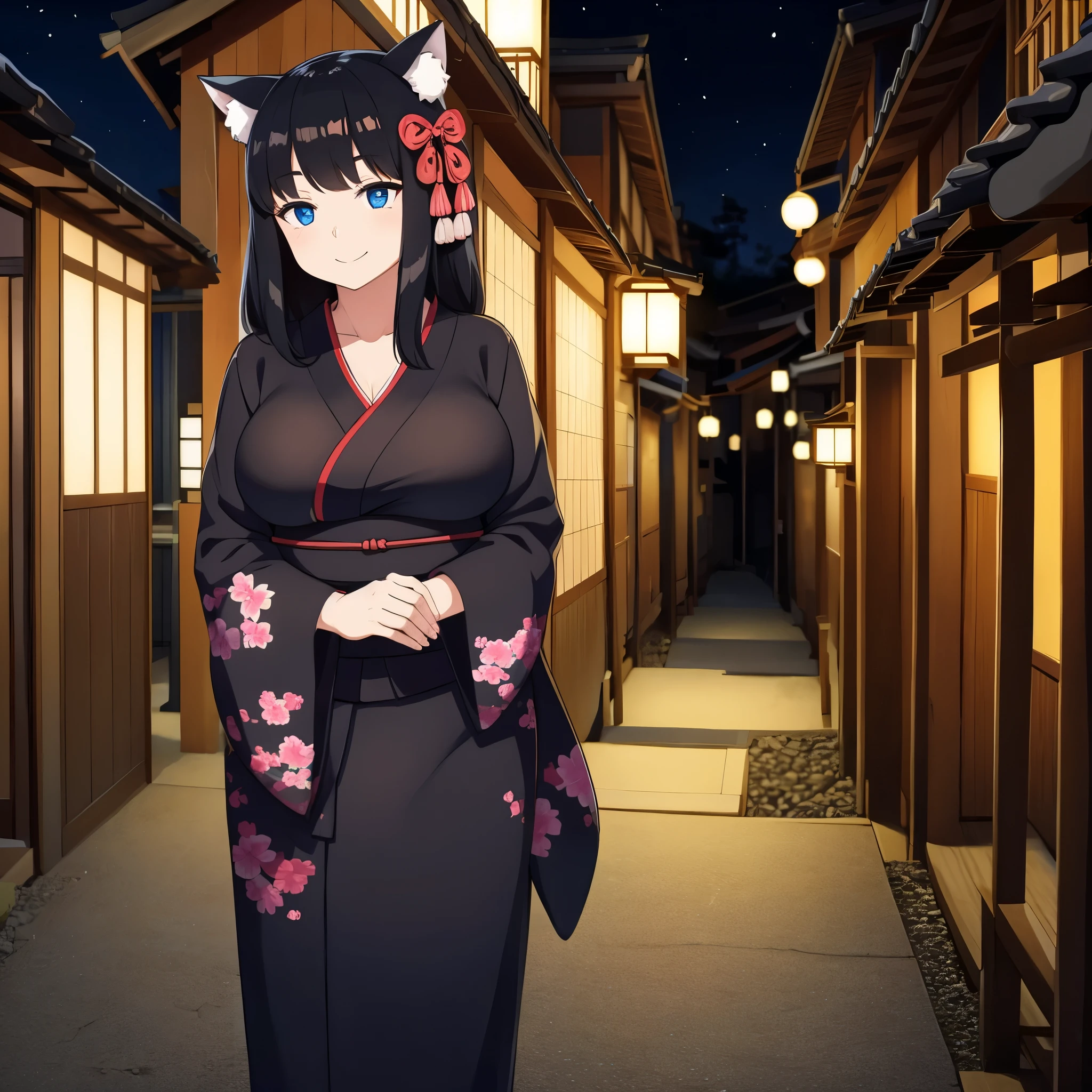 A woman with short black kimono, long black hair, neko ears, blue eyes, smiling, big breasts, outside a traditional Japanese house at night.
