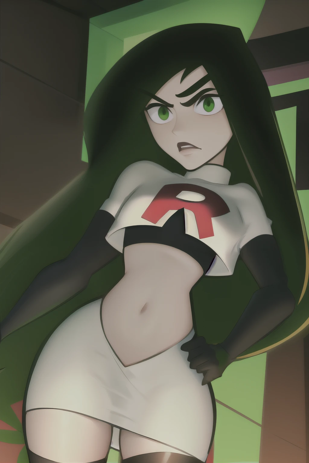 shego, 1girl, solo, long_hair, breasts, looking_at_viewer, black_hair, very_long_hair, green_eyes, small_breasts, facial_hair, thick_eyebrows, team rocket,team rocket uniform, red letter R, white skirt,white crop top,black thigh-highs,black elbow gloves