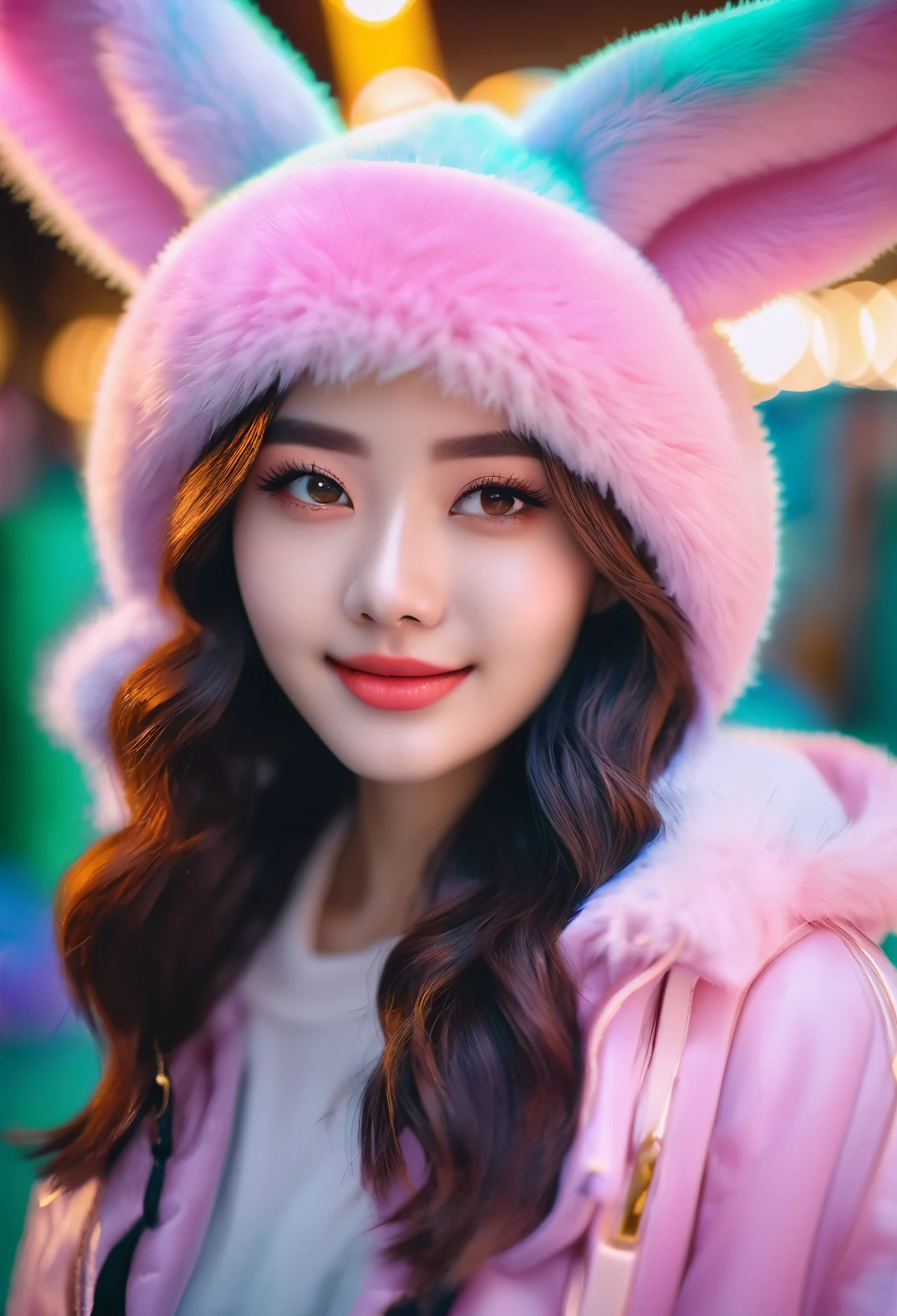full body of beautiful cute girl 20 year old in action something so chill. wearing fluffy bunny hat long droopy ears color green. sparkly douyin style makeup. smiling. instagram flash photo selfie. long lashes. cute blush. unbelievably beautiful, hyper - realistic, Super Bold Colorful, Super high Contrast, Isometric, cinematic composition, cinematic high detail, hyper realistic, cinematic lighting, super wide angle, depth of field, super detailed, beautiful color coding, beautiful color grading, Unreal Engine, Film, Color Grading, Editorial Photography, Photography, Photoshoot, Depth of Field, Tilt Blur, Shutter Speed 1/ 1000, F/ 22, White Balance, 64k + sharp focus + bokeh, Super Resolution, Megapixels, ProPhoto RGB, VR, perfect lighting, Half Backlighting, Backlighting, Natural Lighting