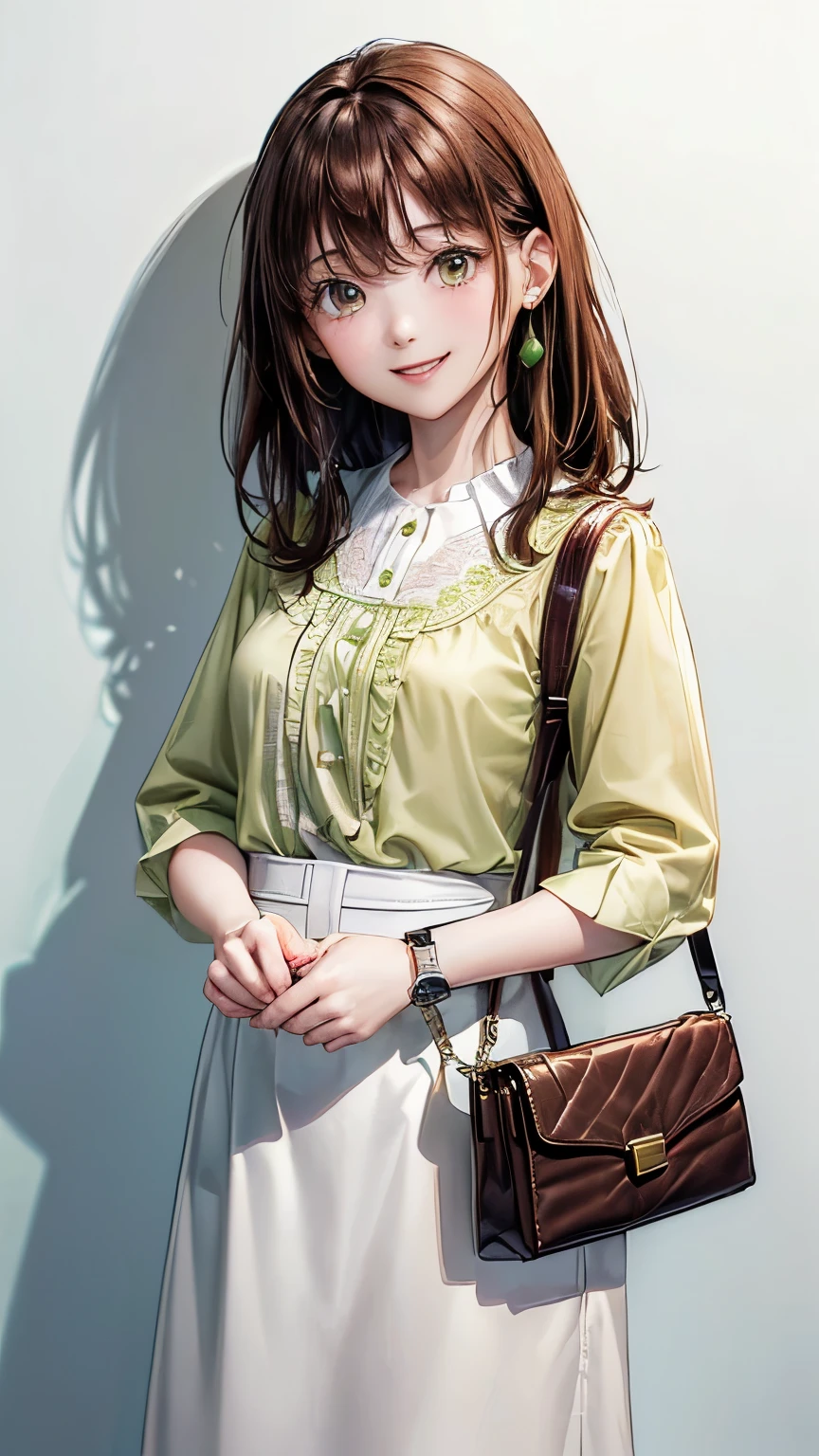 (((pure white wall background)))、(((8K、best image quality)))、(((I&#39;m a secretary)))、(((is biting)))、(((brown hair)))、(((medium hair)))、(((wearing a light green blouse)))、(((I&#39;m smiling)))、(((Are standing)))、(((I&#39;m wearing a small watch)))、(((I have a cute bag)))