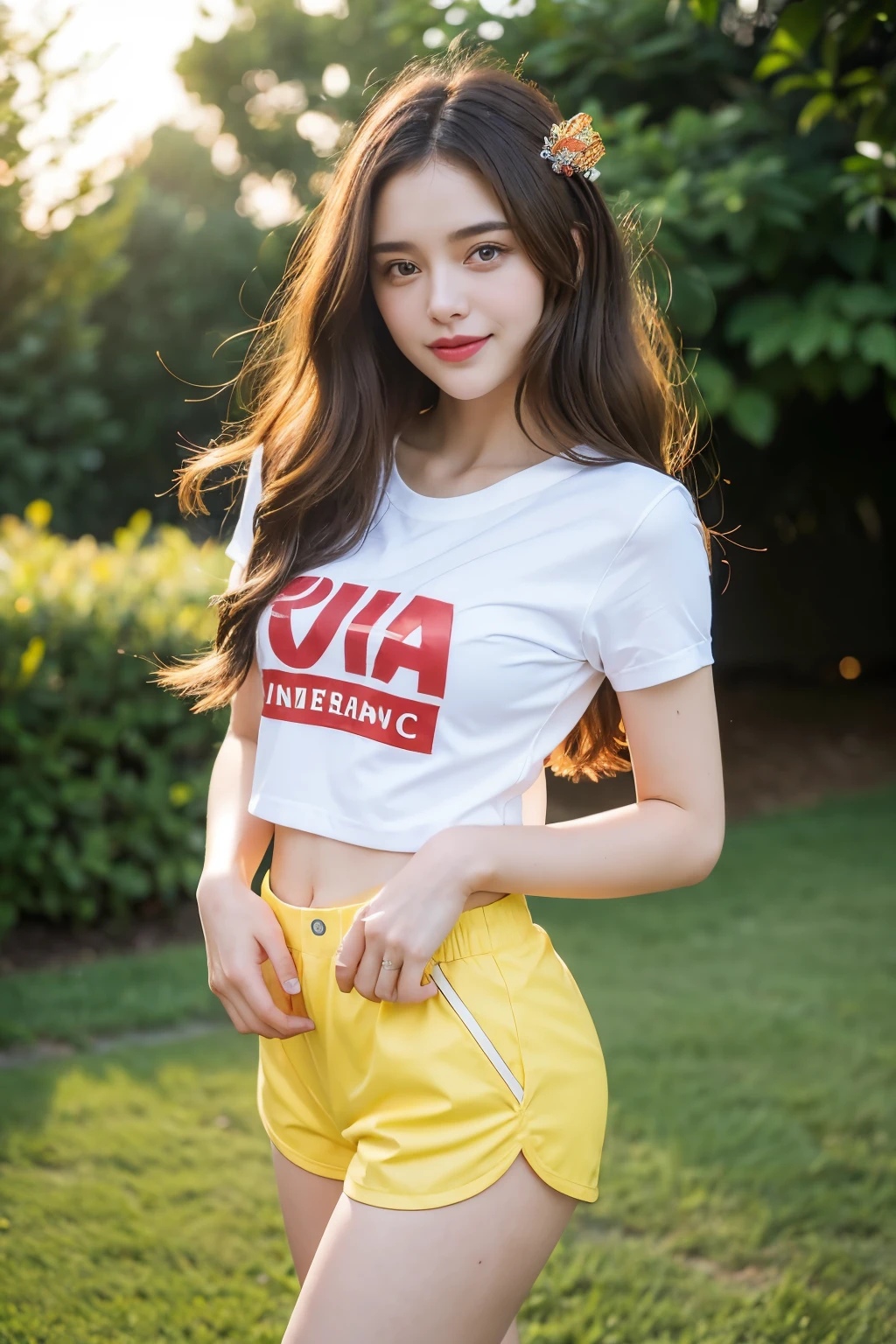 ((midynight, Acura, 8K, tmasterpiece: 1.3)), full bodyesbian, long leges, Focalors: 1.2, perfect figure beautiful woman: 1.4, Slim abs: 1.1, (dark brown hair,: 1.2 )), (Goose yellow skinny T-shirt, short skirt,sitting on a stool: 1.2), (city night scene, the roof: 1.3)), Highly Detailed Face and Skin Textur, detailedeyes, 二重まぶた,