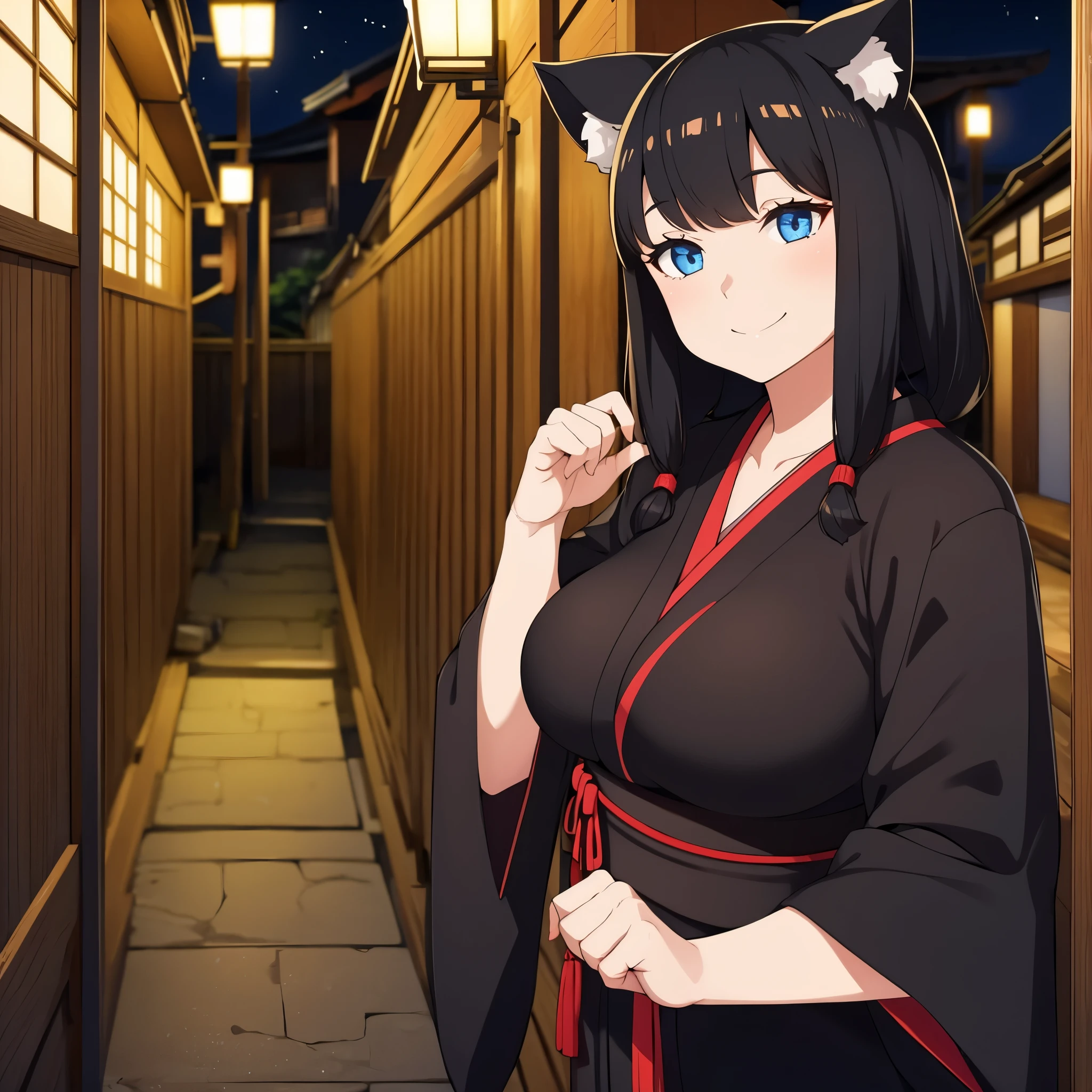 A woman with short black kimono, long black hair, neko ears, blue eyes, smiling, big breasts, outside a traditional Japanese house at night.
