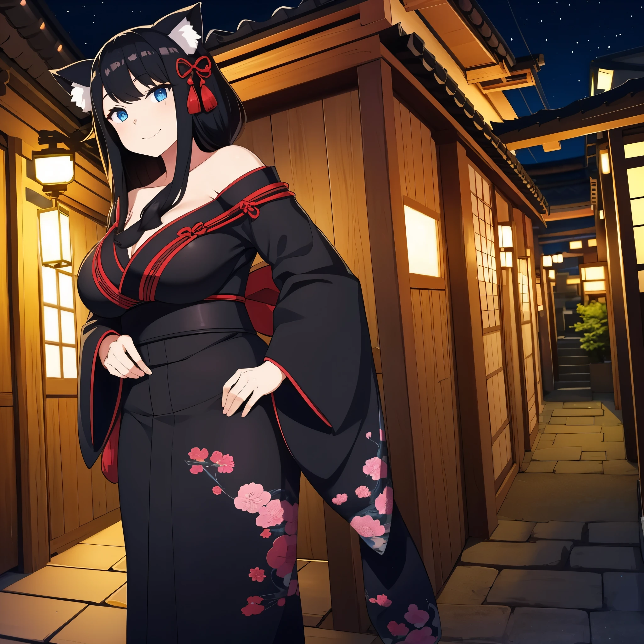 A woman with short black kimono, long black hair, neko ears, blue eyes, smiling, big breasts, outside a traditional Japanese house at night.
