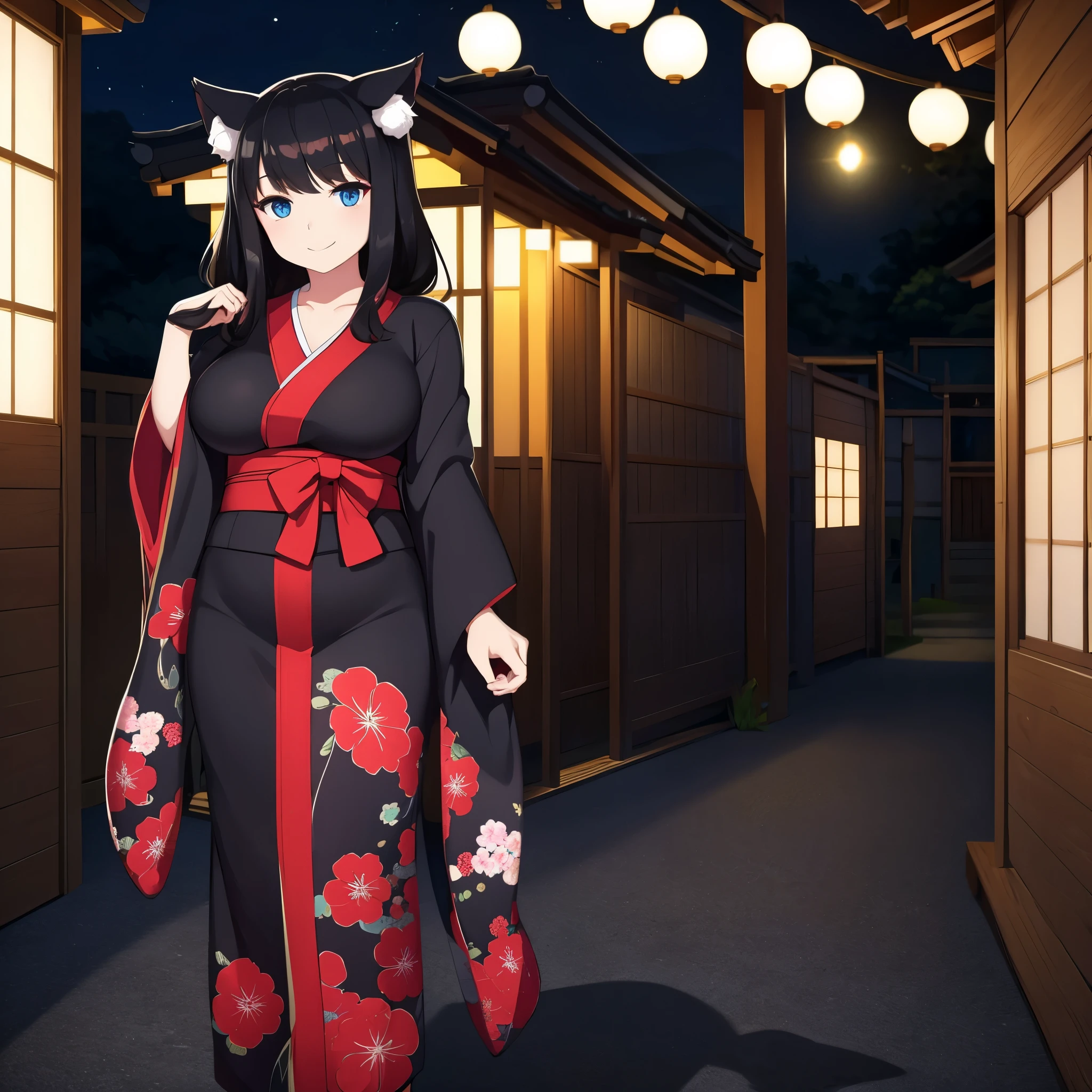 A woman with short black kimono, long black hair, neko ears, blue eyes, smiling, big breasts, outside a traditional Japanese house at night.
