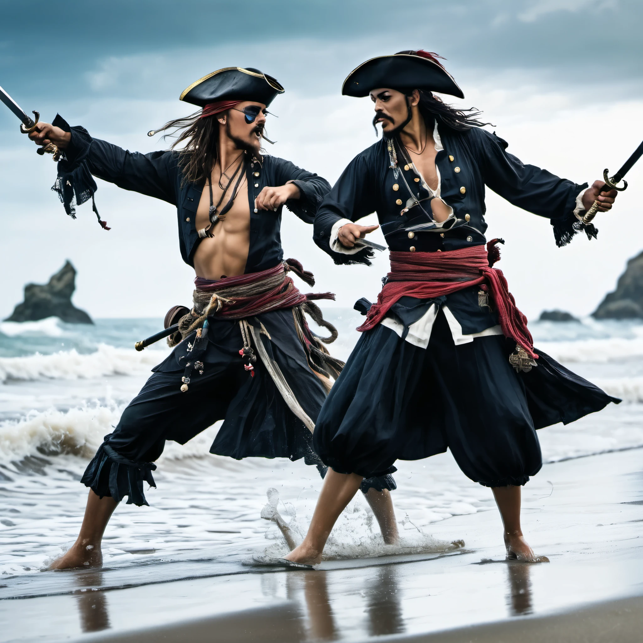 Some fantasy pirates are practicing swordplay on the beach, the tide is rolling in making it look like they are dancing on the sea