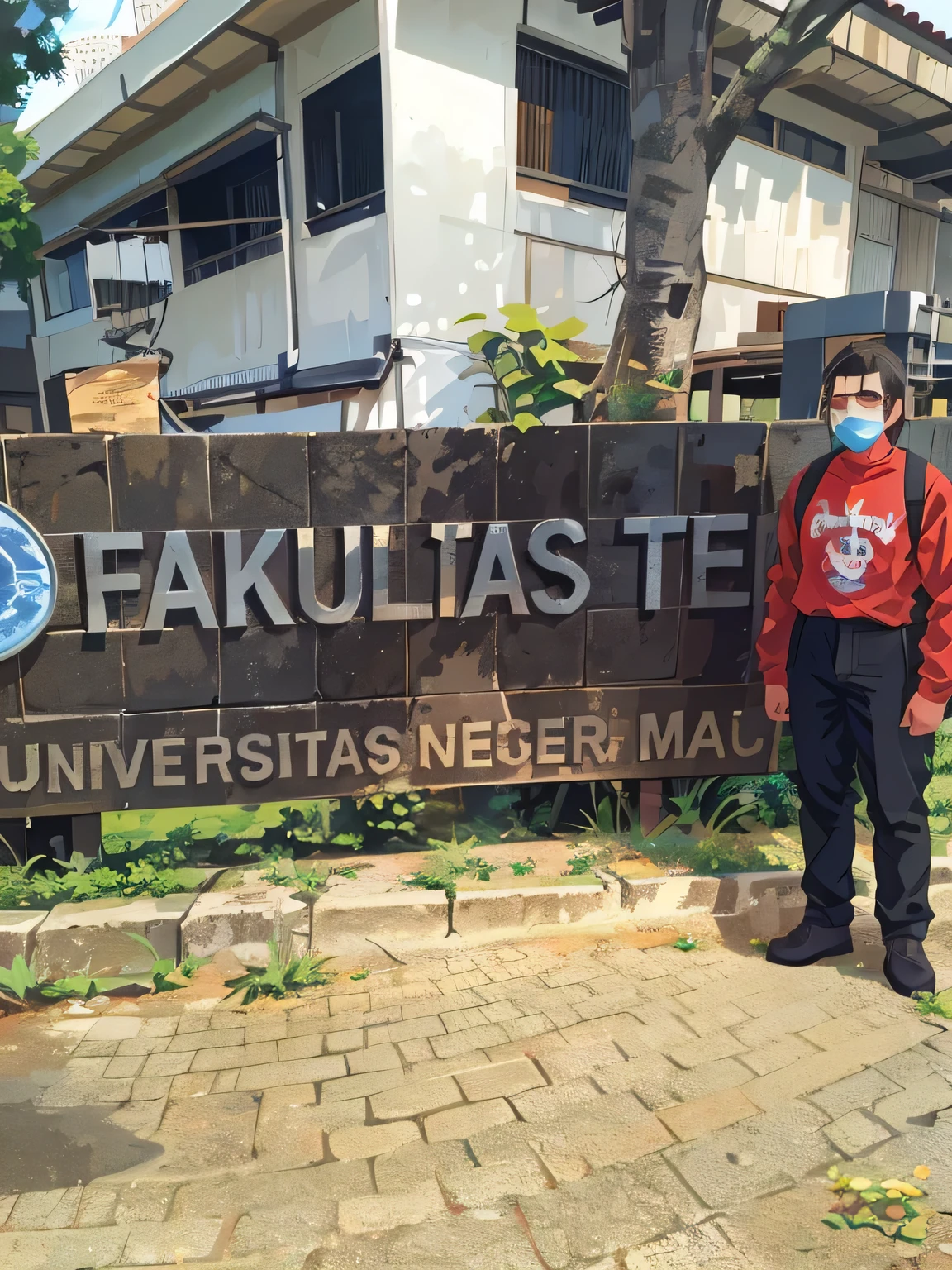 there is a man standing in front of a sign that says fakuulias te, foto, student, at college, not blurry, in the background, scientist, in background, full - view, photoshot, semi realism, taken in 2 0 2 0, lab in the background, full frame image, me, technical, front face, ferocious appearance