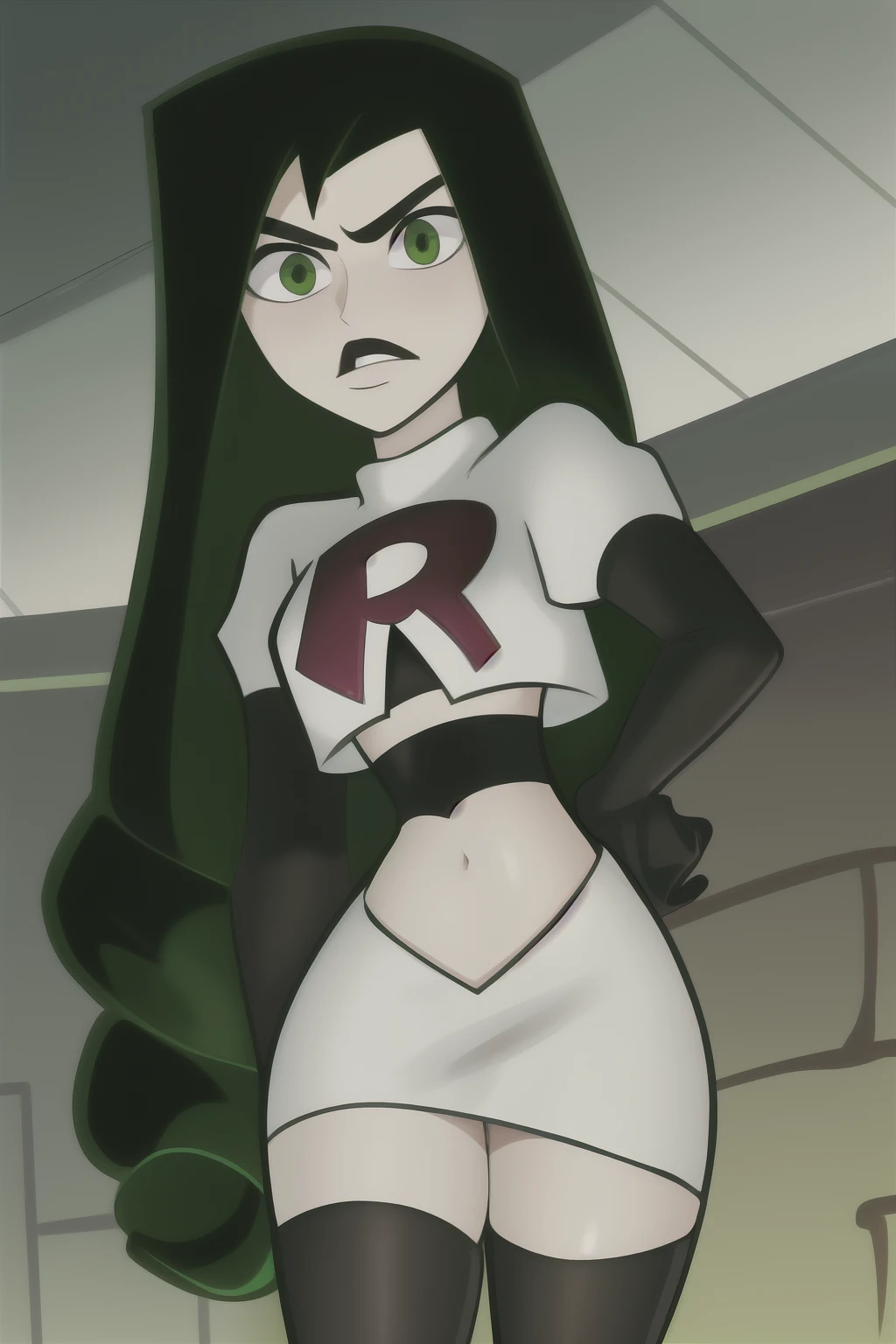 shego, 1girl, solo, long_hair, breasts, looking_at_viewer, black_hair, very_long_hair, green_eyes, small_breasts, facial_hair, thick_eyebrows, team rocket,team rocket uniform, red letter R, white skirt,white crop top,black thigh-highs,black elbow gloves