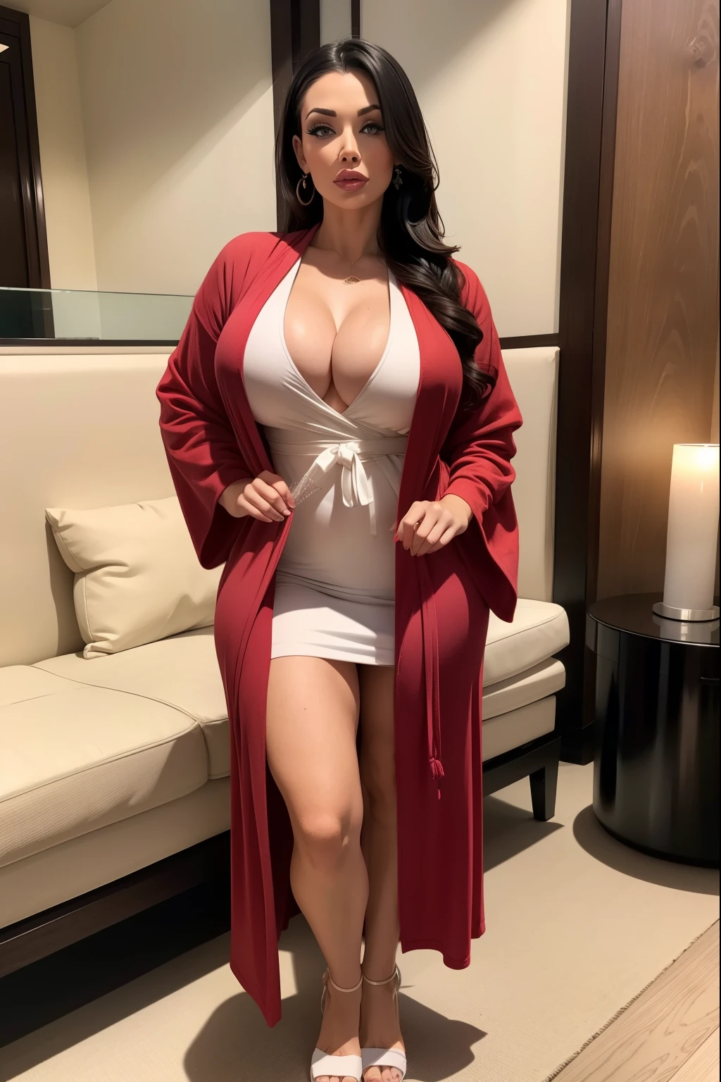 aletta_ocean, escote, dressing gown, she wears just the dressing gown, lleva solo una bata, japanese design robe, the dressing gown has a japanese design, standing, de pie, in a luxury japanese spa, in a luxury japanese spa, sugerente, provocativa, erotica, sudada, cuerpo sudado, sweating, sweated body, sandal heels, servicial, playful, juguetona