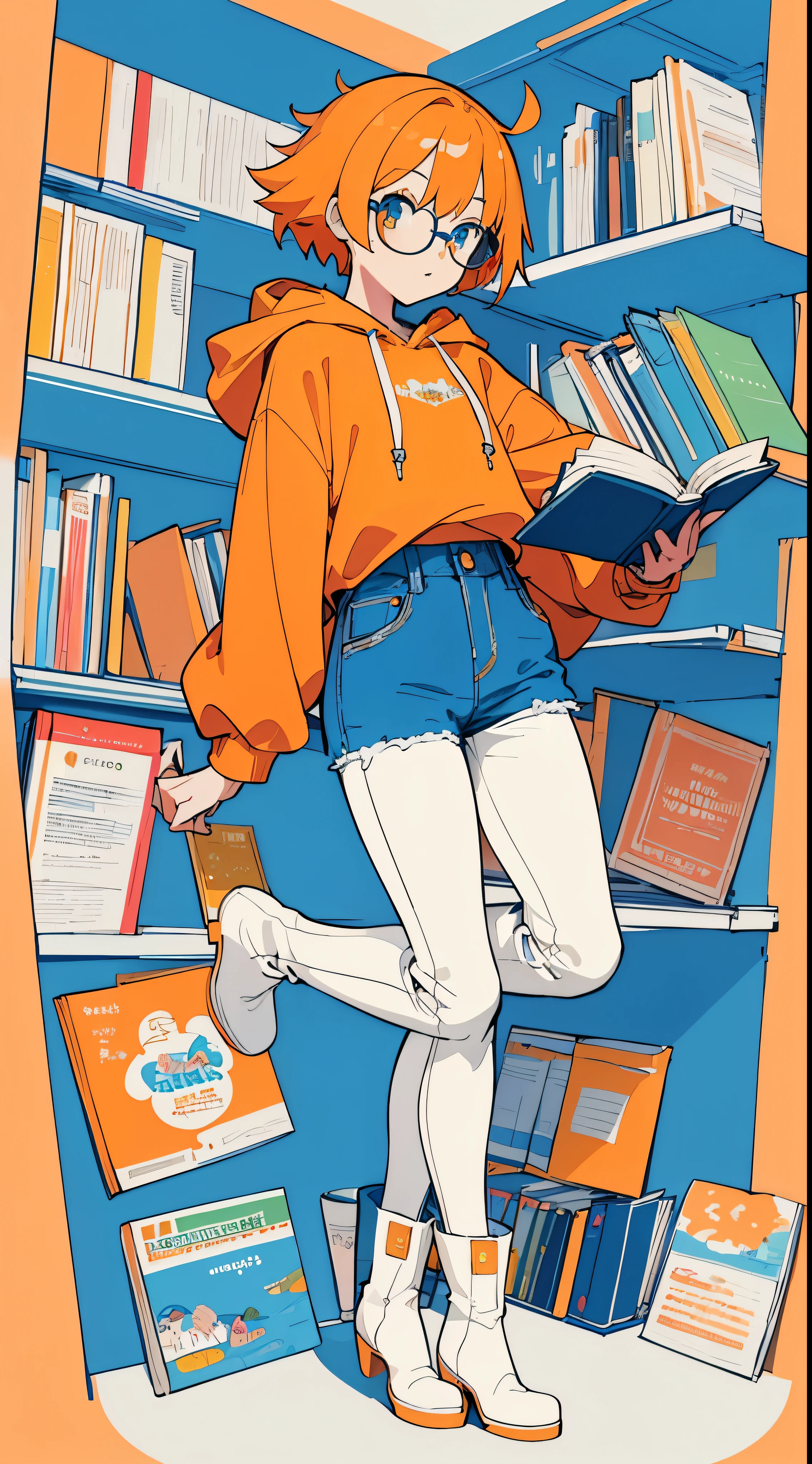 (masterpiece, highest quality) Written by Mika Picazzo, be familiar with, 1 girl, alone, full body, Orange bob hair, bangs, round glasses, blue hoodie, fitted hoodie, flat chest, skinny jeans, blue jeans, white boots, ta boots, Excited, have a book, library, No contour, colorful flat coloring,