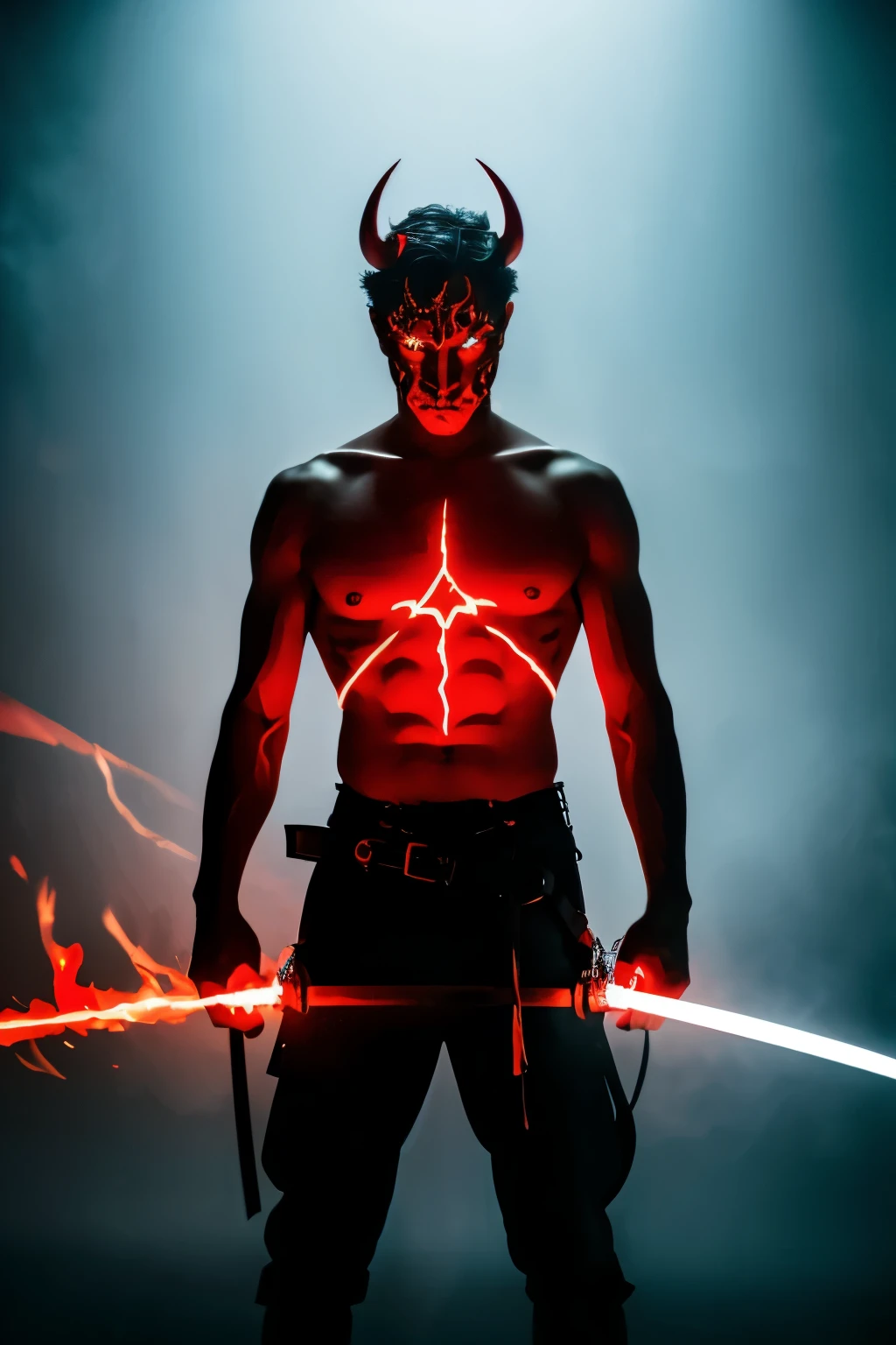 A Demon with red skin holding swords and fire around him, standing in front of a human. The background is a bright white light and neon colors. The sky of hell is in dark tones. It is depicted in a hyper realistic, photo realistic style with a full body shot in the full frame, in the style of hyperrealism.