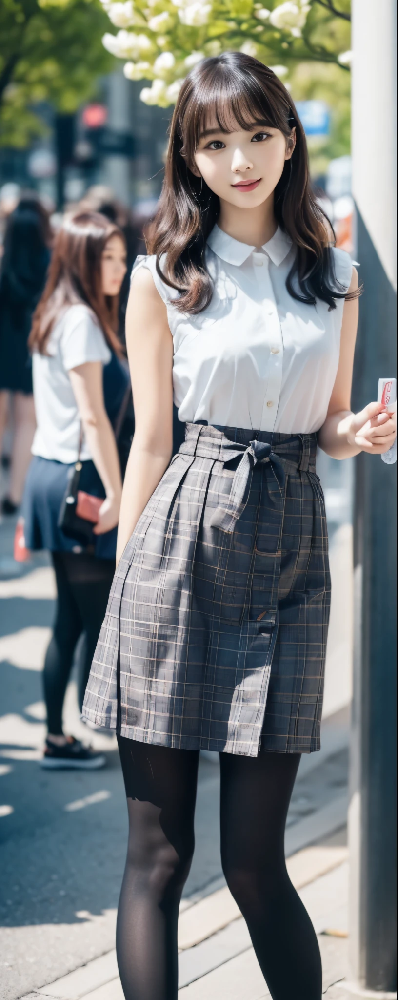 (8k, RAW photos, top quality, masterpiece: 1.2, ultra detailed, super resolution, real photos: 1.37), (Full body photo), 1 noble elegant Japanese lady, (standing contrapposte), spring season, ((spring coodinate, pale color plaid pattern, black tights, wearing loafer)), Shiny, Smile, Looks like 1.7 meters tall, beautiful proportion, big cuvy hips, Thin waist, skin hyper-detail, 20 years old, Perfect face, (Detailed facial features), Wavy lomg hair, Daylight, spring season, center of street, crowd of people,