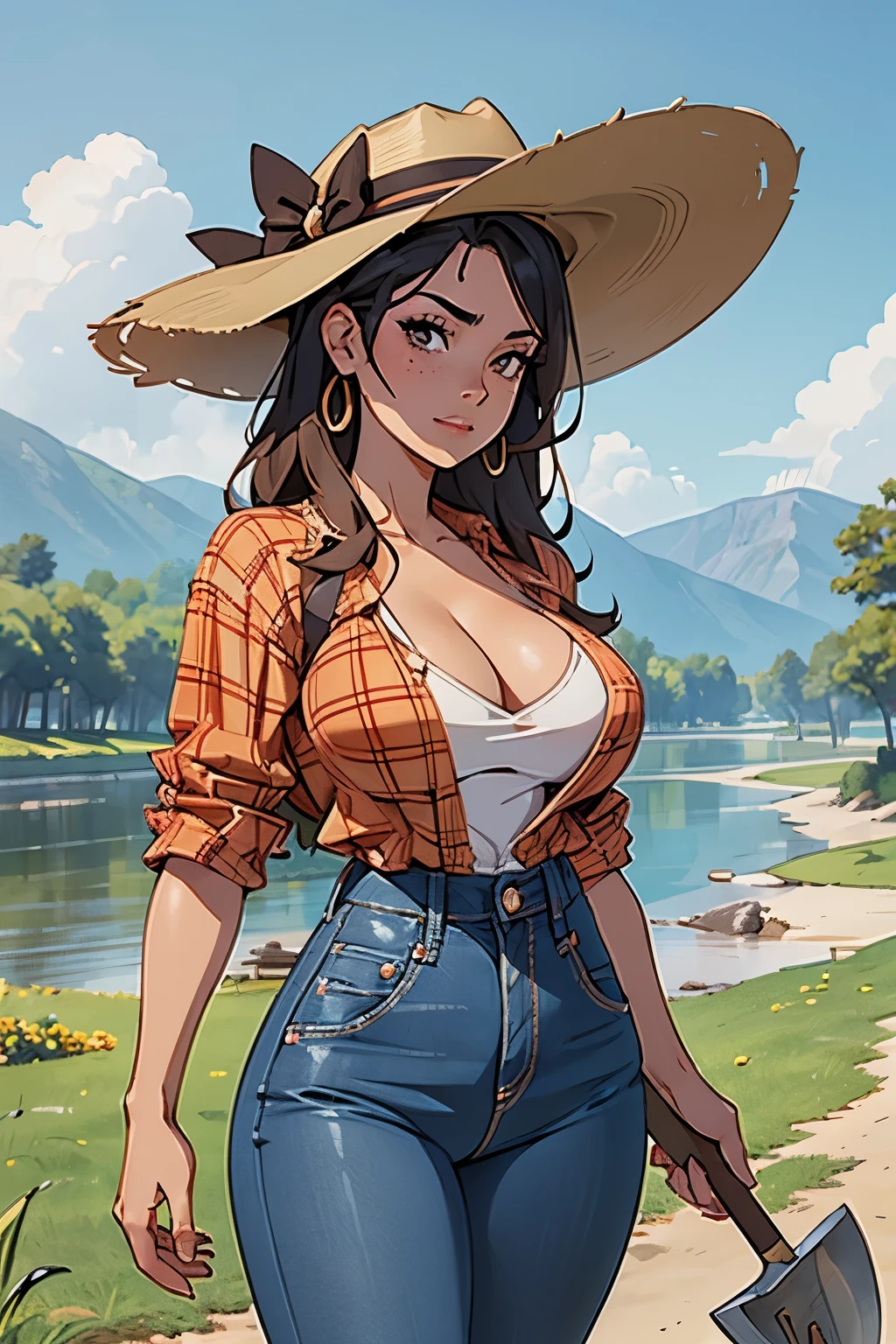 sexy mexican woman with freckles in flannel shirt and jeans holding a shovel, digging hole down by river, zoomed out, extremely detailed artgerm, ig model | artgerm, beautiful alluring anime woman, Mexican woman, tan skin, wide brim hat , normal breasts,