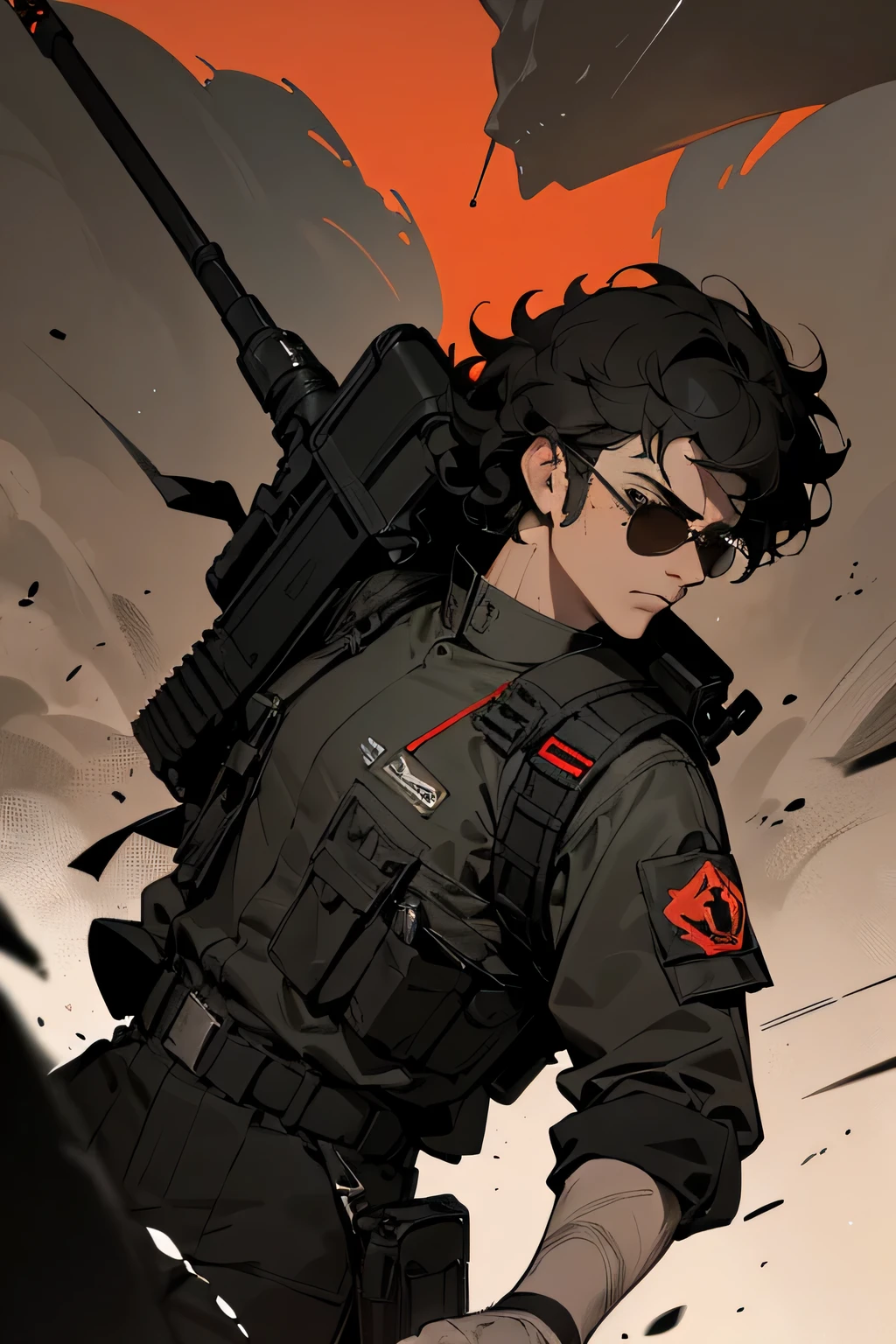 (1male, Short Curly Black hair, tactical assault gear:black with red trim, Compact military backpack, sunglasses), (best quality, High definition, hyper realistic, cinematic still shot), (Brown skin), (non-explanatory), (monochrome color palette:1.1), (dimly-lit scene), (intense expression), (urban warfare), (gritty atmosphere)