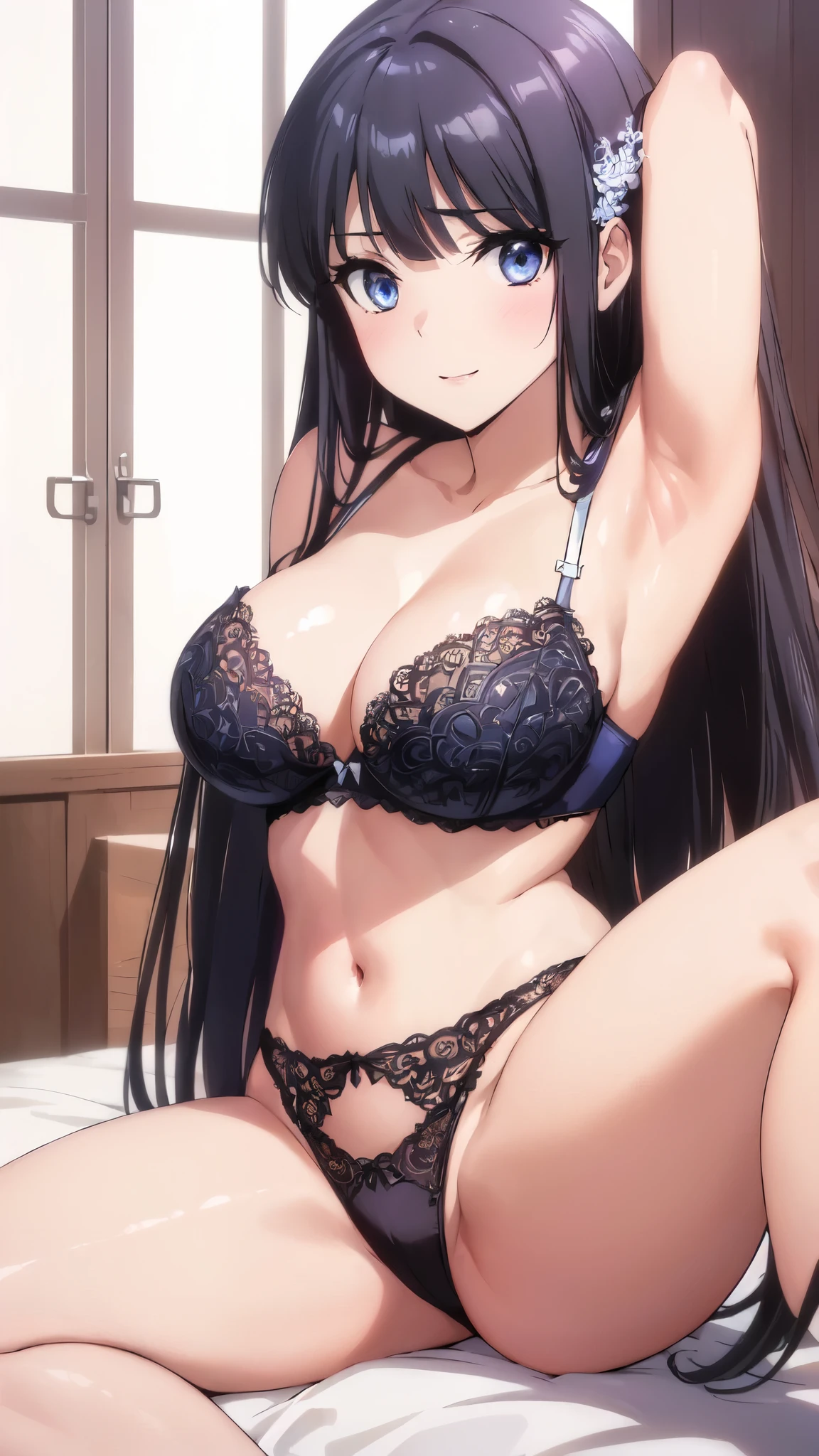 (masterpiece:1.3),anime character,(view from below:1.2),(bright room:1.1),perfect female body,鮮やかなcolor,perfect lighting,(light from the front,light shines on your face:1.1),(very accurate details,ultra high resolution,Highly detailed CG Unity 8K wallpaper:1.3),(realistic,Photoreal,超realistic:1.3),(curve,model,Glamour:1.3),beautiful breasts,color_aberration,beautiful detailed shadows,beautiful eyes,beautiful body,beautiful skin,beautiful hands,(26 years old:1.2),(arms behind head:1.1),(slender waist:1.2),(aesthetic anime eyes:1.3),(large breasts:1.3)shiny hair,(black haired:1.3),(long straight hair:1.3)、(smile,blush:1.2),(white hair ornament:1.3),(黄colorの髪飾り:1.3),girl sitting,(Exquisite fabric,black bra,highly detailed bra,Rajibra,Ren Hao,lace trim bra,lace trim legwear:1.4),(black underwear:1.4),big breasts,Bedroom,on the bed,sit on top,beautiful breasts,(white hair ornament:1.2),(黄colorの髪飾り:1.3),blue eyes,(mouth is slightly open:1.0),(lips:1.4),(black underwear:1.4),(spread your legs:1.2),