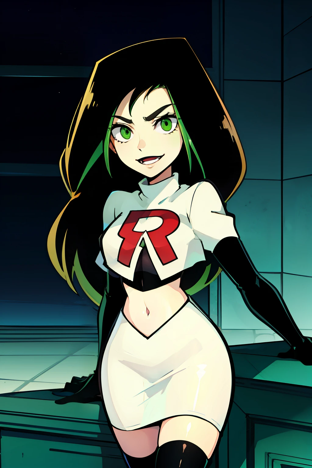 shego, green eyes, black lipstick, team rocket uniform, red letter R, white skirt,white crop top,black thigh-high boots, black elbow gloves, evil smile, 