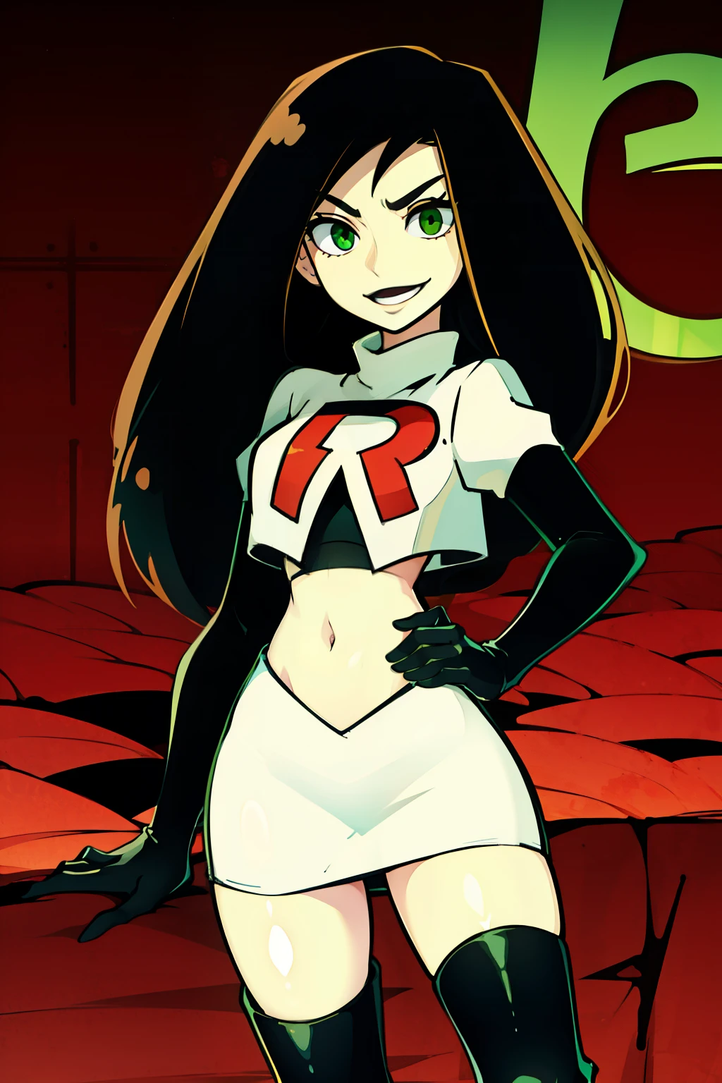 shego, green eyes, black lipstick, team rocket uniform, red letter R, white skirt,white crop top,black thigh-high boots, black elbow gloves, evil smile, 