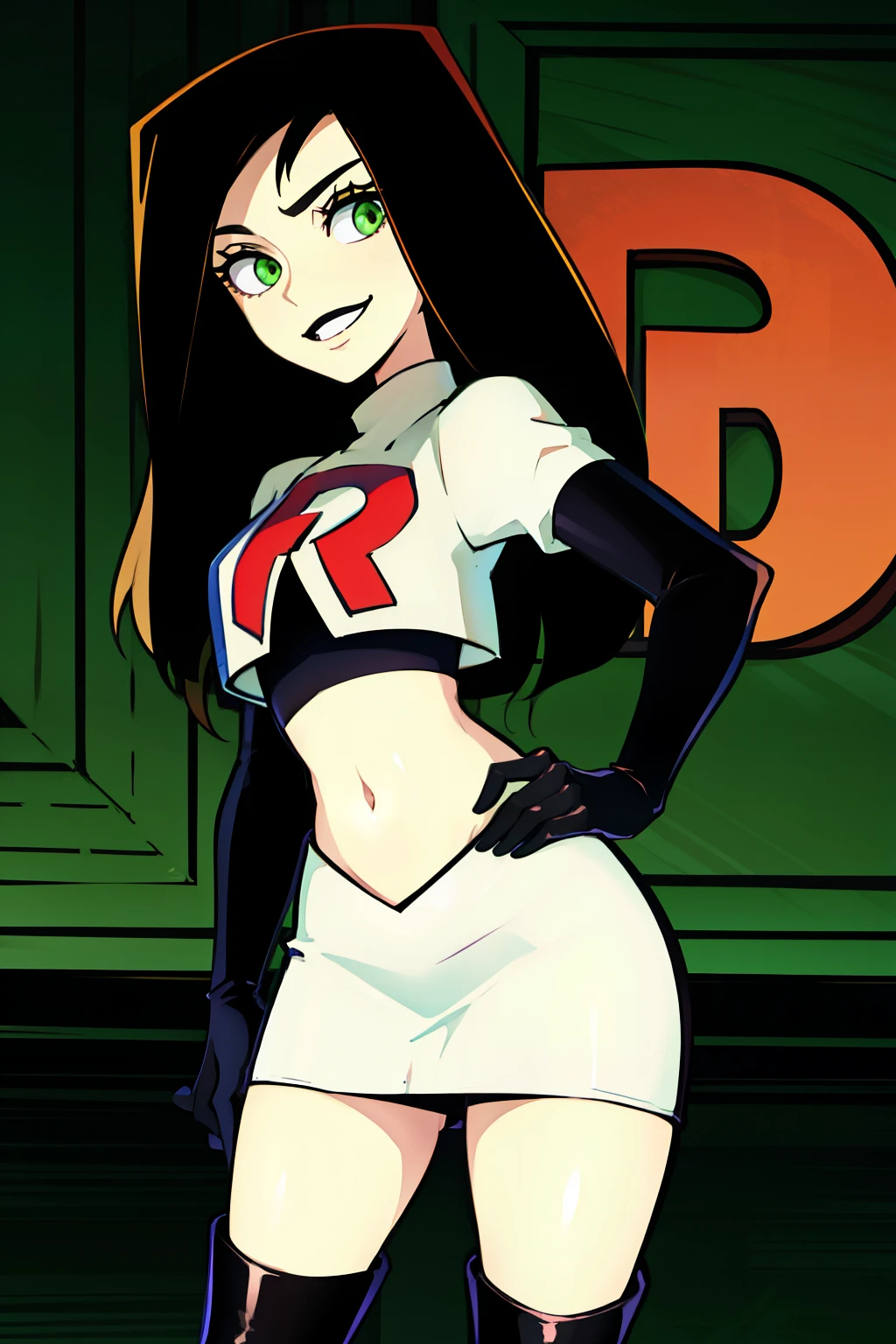 shego, green eyes, black lipstick, team rocket uniform, red letter R, white skirt,white crop top,black thigh-high boots, black elbow gloves, evil smile, 