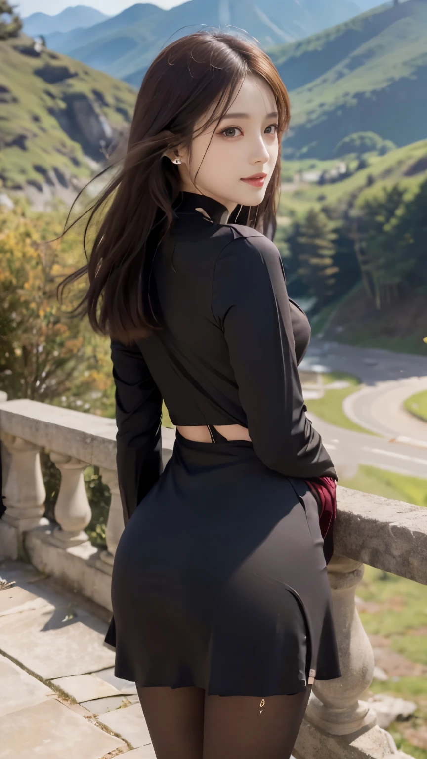 
(8K, highest quality, Raw photo、masterpiece: 1.2), Super detailed, highest quality, ultra high resolution, professional lighting, photon mapping, radio city, Physically based rendering, cinematic lighting, Depth of written boundary, 1 female、24-years-old、 ((mountain top))(full body shot), ((OL uniform、skirt、pantyhose))((suit、skirt、pantyhose)) (looking at the viewer:1.3) very slim, medium breasts, (pull clothes, Dress Tags, Wind, Wind lift:1.4), ((from behind))(buckshot), cute, white skin、looking at the viewer, light smile,alone, enchanting smile, wide opening, professional lighting, Sony α7R4, Zecy 50mm F1.8, medium breasts,thin and beautiful eyes,