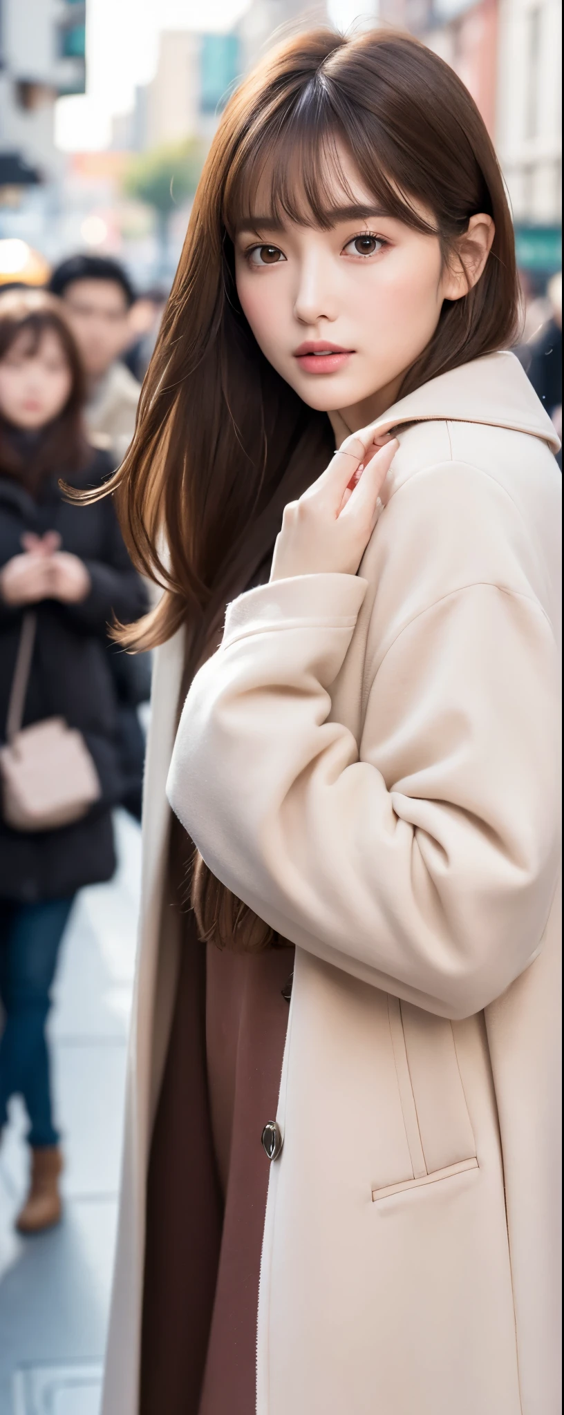 1standing womanl, up of face, light brown hair, Blunt bangs, hair behind ear, hair over shoulder, Long hair, slender body shape, Ultra Fine Face, Thin face, Delicate lips, Beautiful eyes, thin blush, eyes are light brown,View here, Ultra-thin hands, Ultra-fine fingers, best ratio four finger and one thumb, (realisitic:1.3), pale color coat, Daylight, spring season, center of street, crowd of people, 8K, masutepiece, nffsw, Super Detail, High quality, Best Quality, hight resolution,