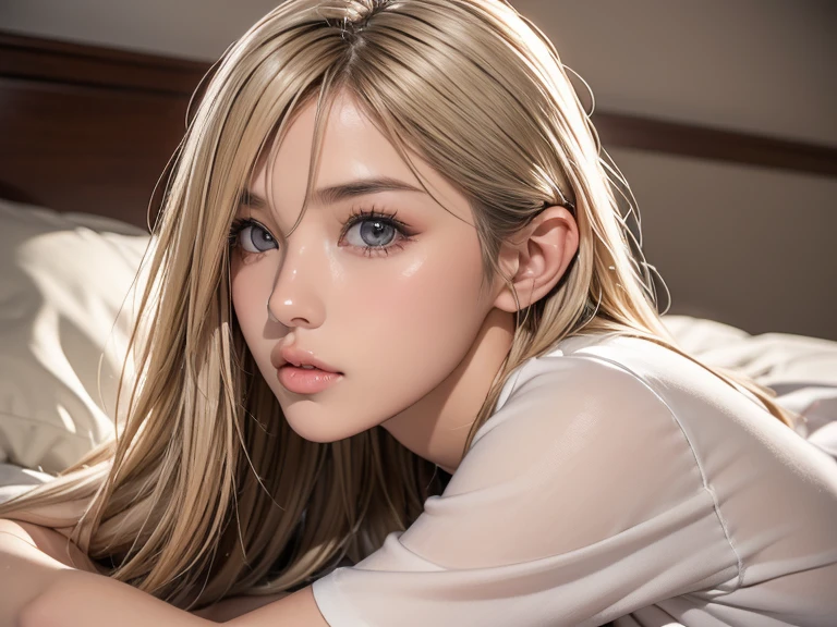 Photo of a 20-year-old European girl, raw, Beautiful woman, (Very long wavy blonde hair), (blue eyess),（eyes gentle）、undergarment ,chiseled face、 (Neat face written in detail: 1.2 ), barechested、Pubic hair、Smile、((detailed facial features)), (Fine skin), (long delicate eyelashes), long eyelashes, Dark eyelashes, pale skin, smooth lips,an lingerie, Bedroom environment, laying on top of bed, (cold color), moist, moist, reflection, (Mastage Works) (Perfect proportions) (photos realistic) (Best Quality) (Detailed chest) (Beautiful ) photographed in a Canon EOS R5, 50mm Lens, F/2.8, Ticker, (Wallpaper), (Cinematic lighting) (Dramatic Lighting) (foco nítido) (with an intricate) Fashion, From  above