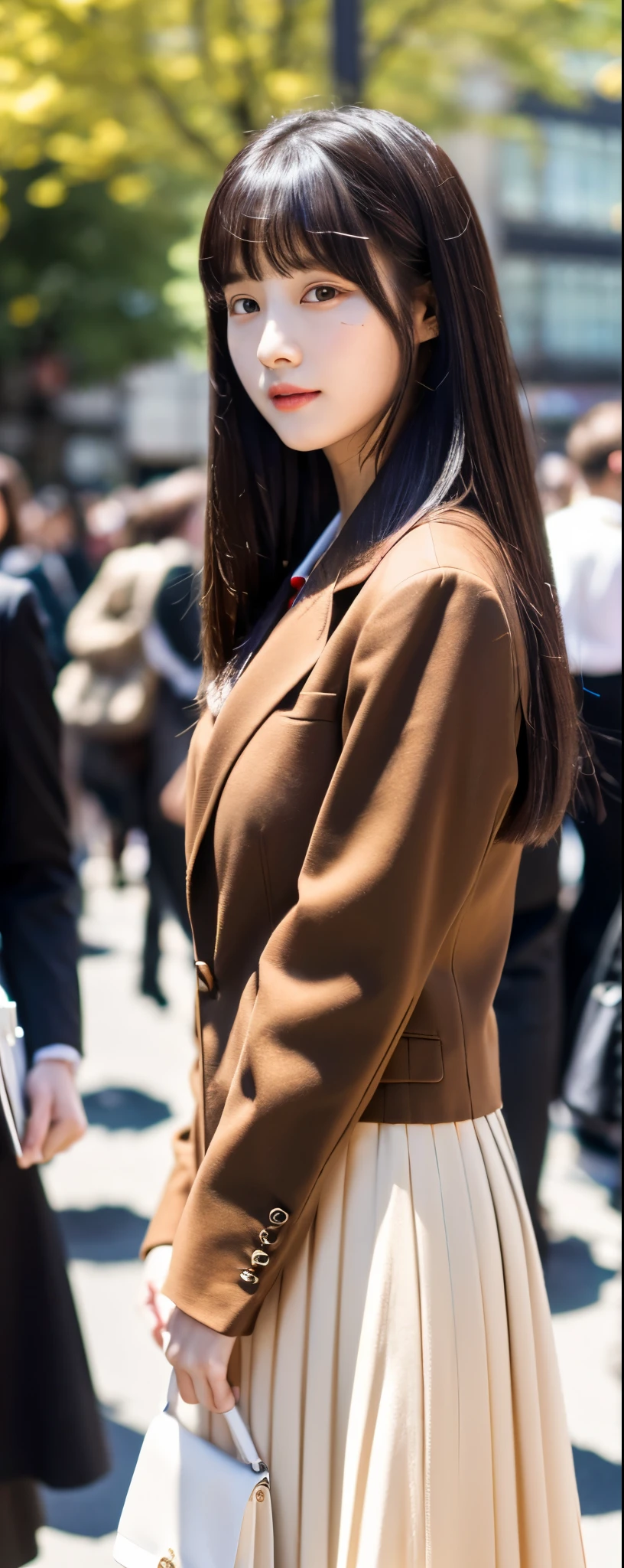((Best Quality)), ((masutepiece)), (Detailed), (highlight), ((full body)), Perfect face, Young girl with detailed face , Red eyes and long, thick, glossy, beautiful straight black hair with blunt bangs, Daylight, spring season, center of street, crowd of people, background, Standing wearing with blazer and longskirt、