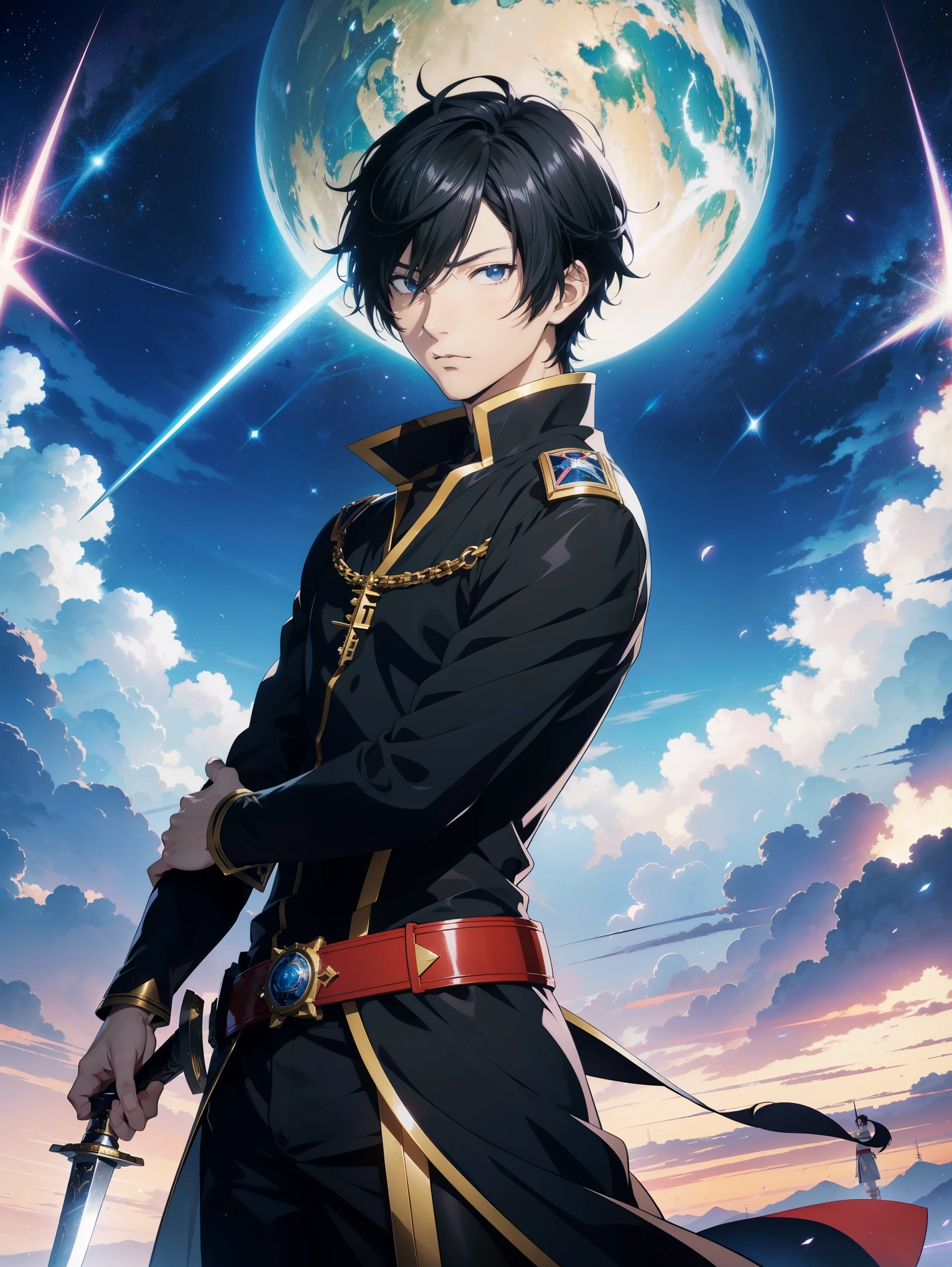 Anime image of a man with a sword, detailed Original Anime Drawings, Key Visual, Original Anime Drawings, Anime original picture, key art anime sharp focus, shigenori soejima illustration, anime Key Visual”, isekai, visual novel Key Visual, Major Arcana Mason makes the sky shine, black haired magician, Smooth anime CG art