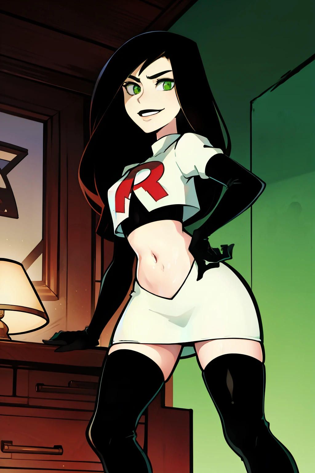 shego, green eyes, black lipstick, team rocket uniform, red letter R, white skirt,white crop top,black thigh-high boots, black elbow gloves, evil smile, 