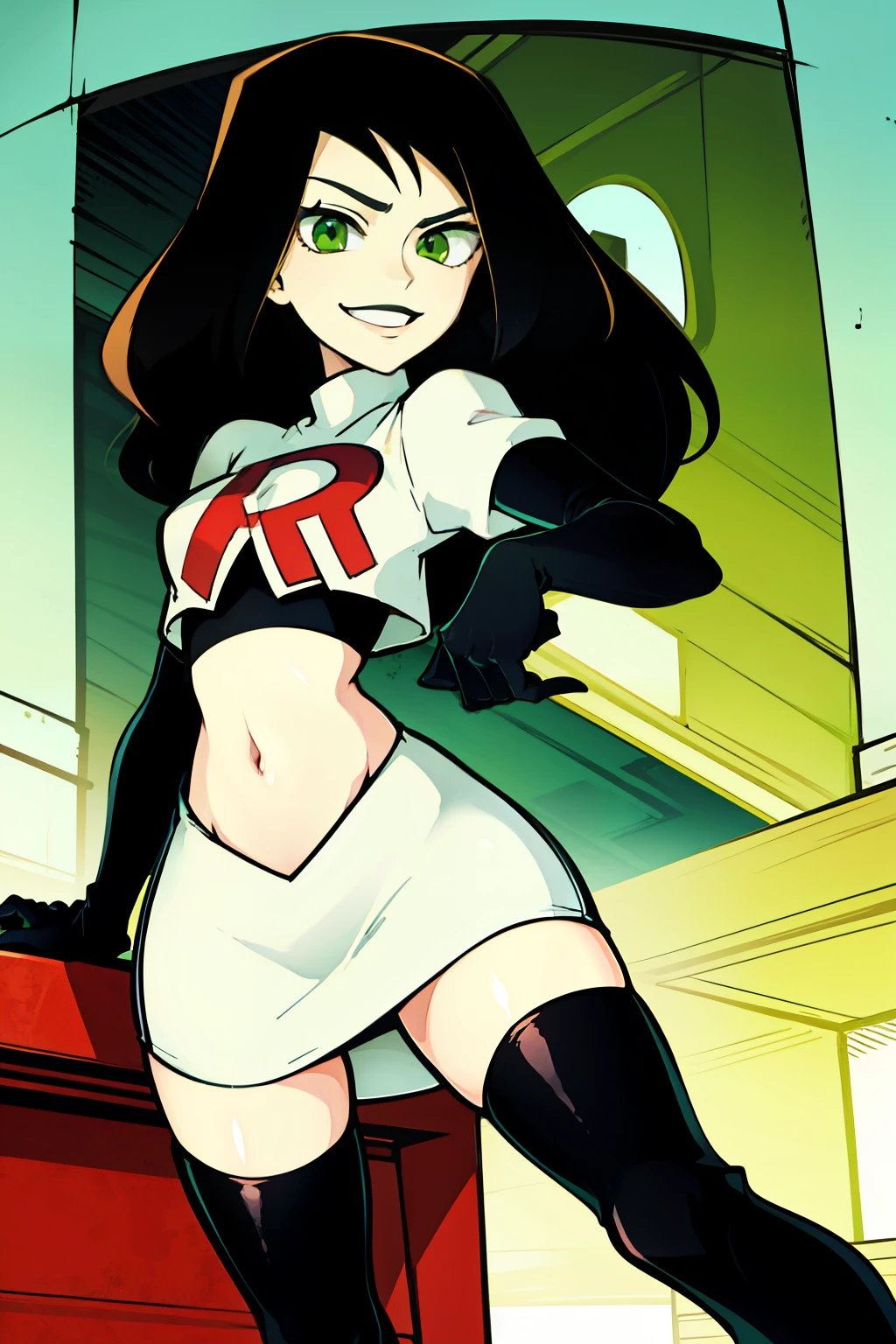 shego, green eyes, black lipstick, team rocket uniform, red letter R, white skirt,white crop top,black thigh-high boots, black elbow gloves, evil smile, 