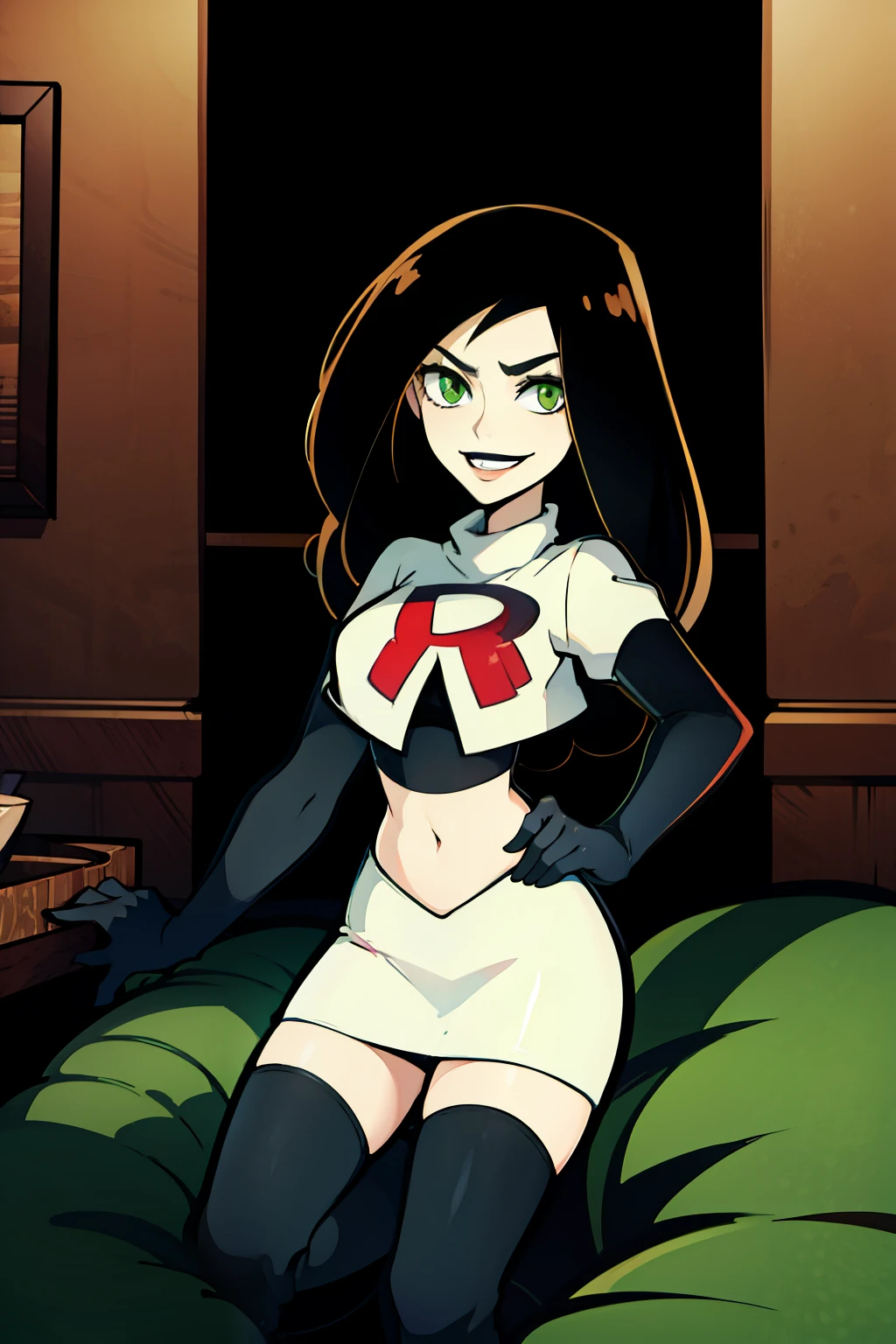 shego, green eyes, black lipstick, team rocket uniform, red letter R, white skirt,white crop top,black thigh-high boots, black elbow gloves, evil smile, 