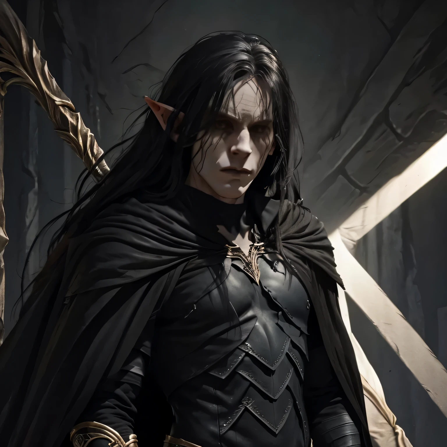 full body image of a menacing pale elf with a large scar on his face with long black hair wearing black leather armor, roupas pretas, manto preto