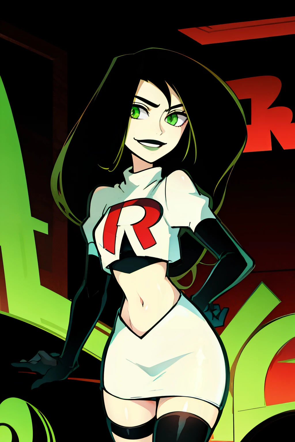 shego, green eyes, black lipstick, team rocket uniform, red letter R, white skirt,white crop top,black thigh-high boots, black elbow gloves, evil smile, 