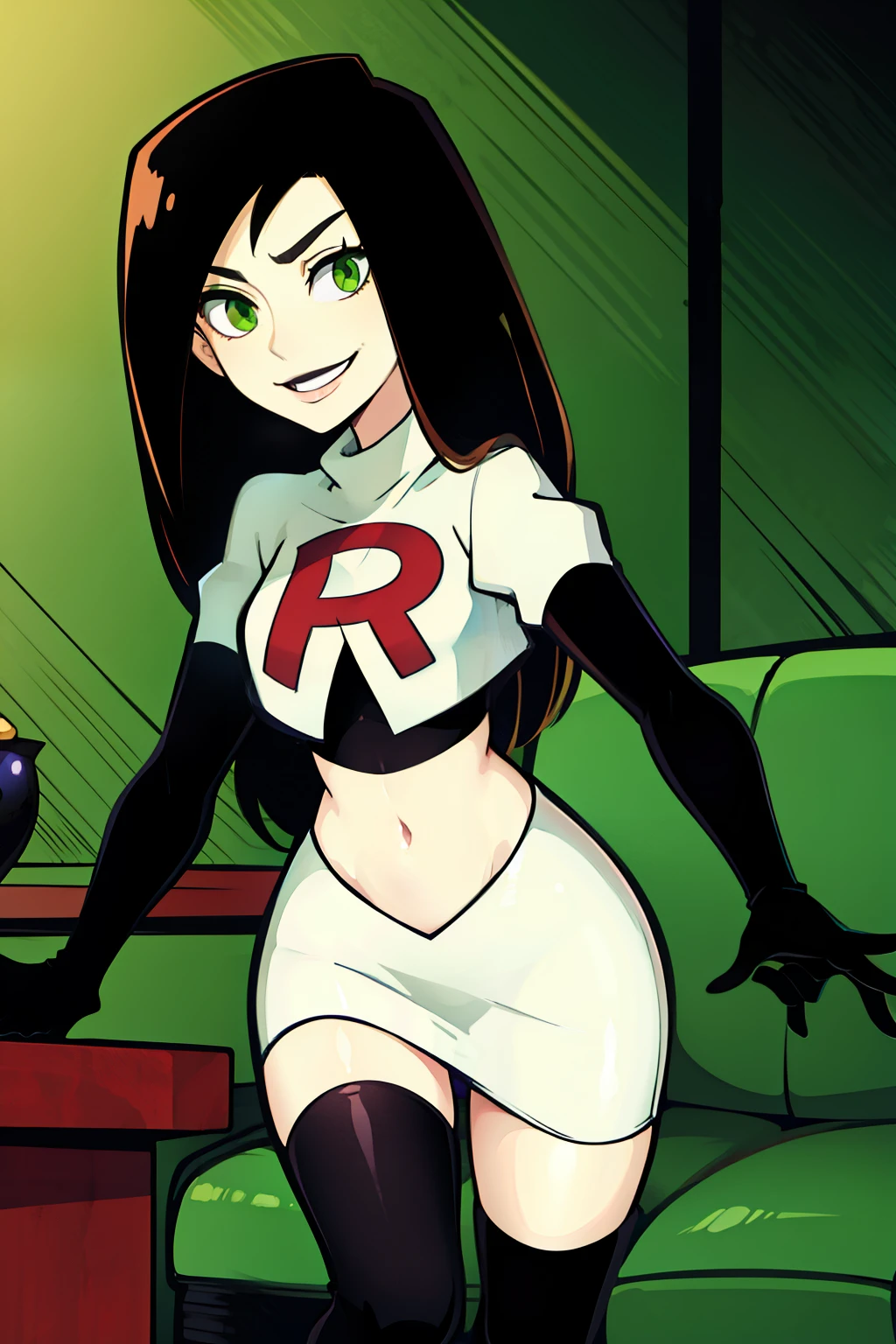 shego, green eyes, black lipstick, team rocket uniform, red letter R, white skirt,white crop top,black thigh-high boots, black elbow gloves, evil smile, 