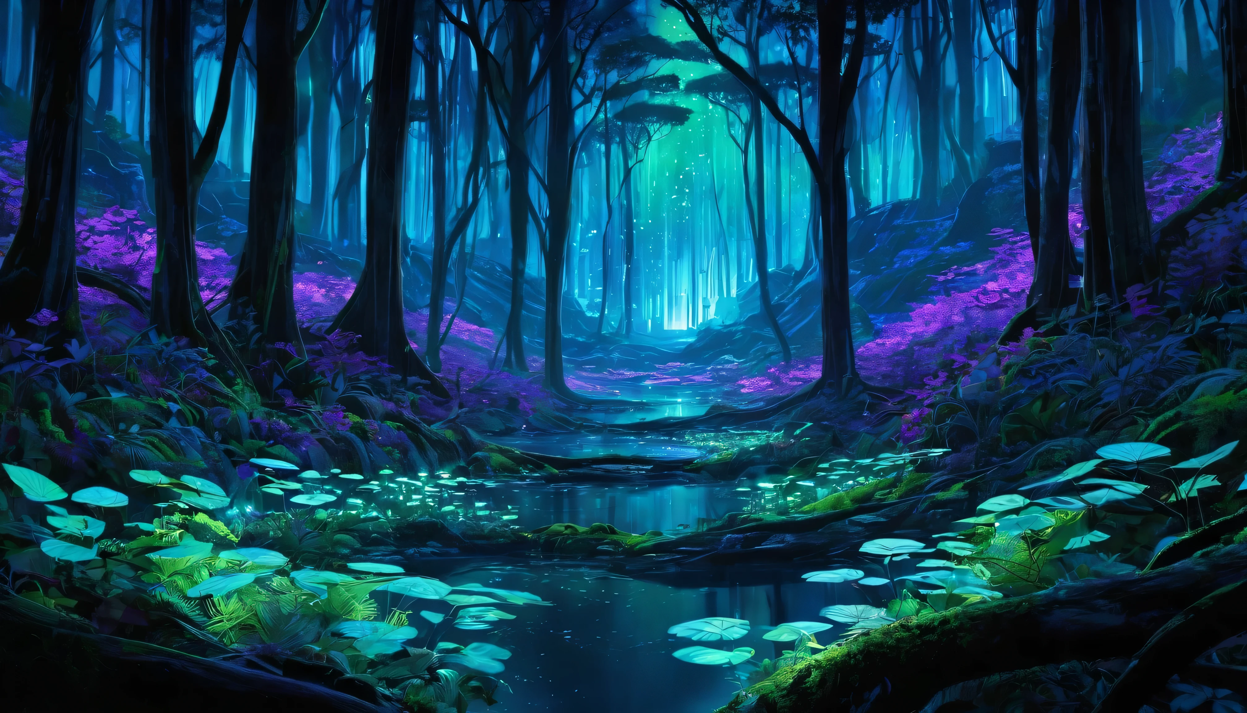 Design an image capturing a breathtaking overlook within a bioluminescent night forest, as seen in the movie Avatar. From a high vantage point, the viewer gazes down upon an endless expanse of glowing forest, with intertwined trees that light up the night in blues, greens, and purples. The perspective allows for a view of both the intricate forest floor below and the magnificent, illuminated canopy above. Small creatures with their own glow add a dynamic sparkle to the scene, making the forest seem alive with movement and magic.
