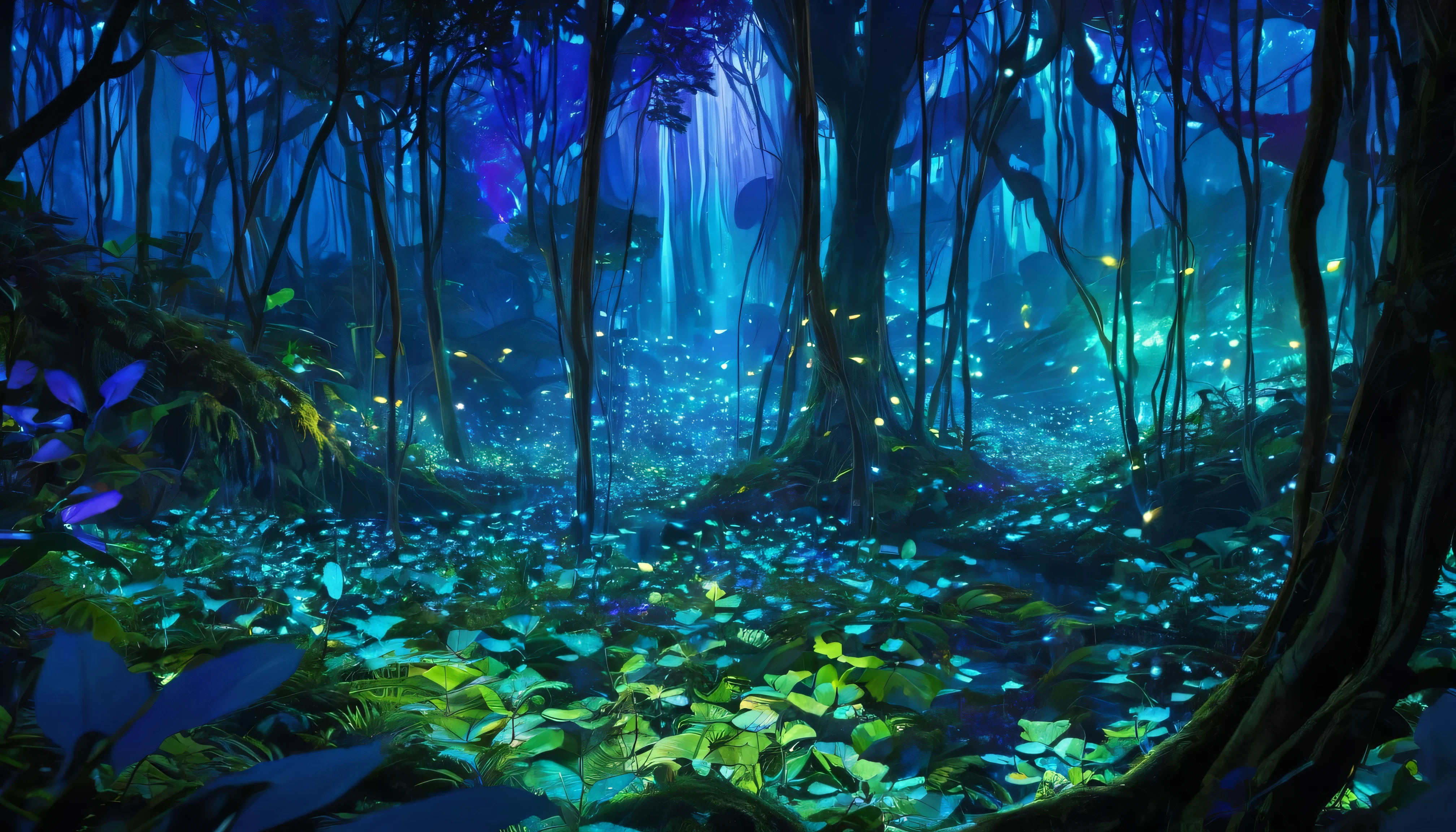 Design an image capturing a breathtaking overlook within a bioluminescent night forest, as seen in the movie Avatar. From a high vantage point, the viewer gazes down upon an endless expanse of glowing forest, with intertwined trees that light up the night in blues, greens, and purples. The perspective allows for a view of both the intricate forest floor below and the magnificent, illuminated canopy above. Small creatures with their own glow add a dynamic sparkle to the scene, making the forest seem alive with movement and magic.