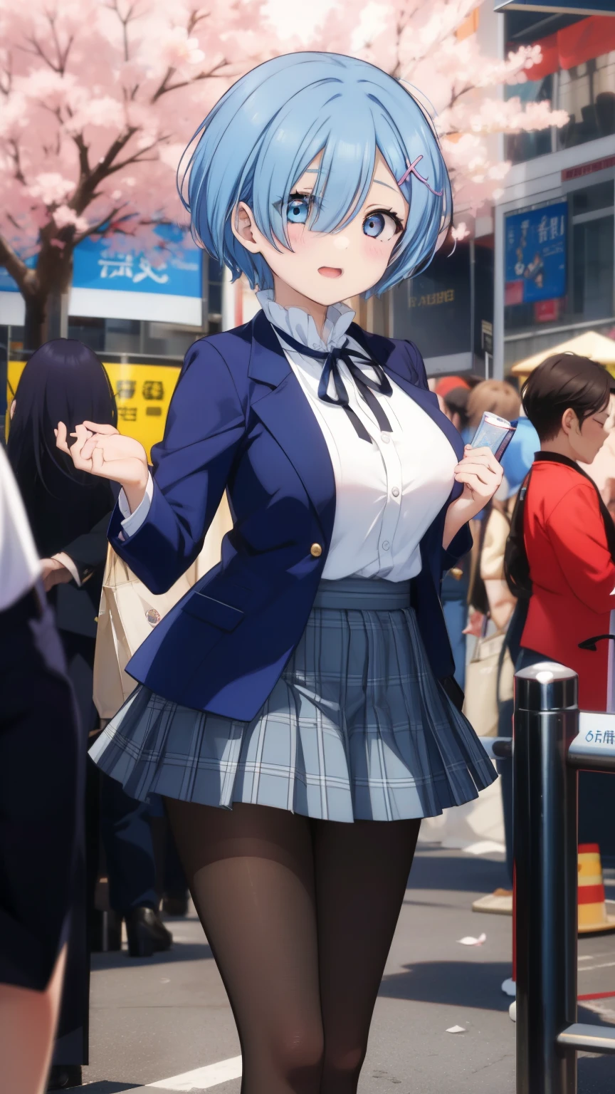 Rem from Re:Zero、light blue hair、short hair、table top、High resolution、many girls multiple girls、large crowd、lots of cute girls、big and full breasts、naughty body、See-through、throw、、whole body、Are standing、Look up at me、confused face、blush、embarrassing、Excited、white breath、black pantyhose、The shape of a woman's private parts is clearly visible、I can see your nipples、white shirt、navy check skirt、micro mini skirt、very short skirt、Bento、Bento box、spring、Cherry blossom trees、SakuraFubuki、Many people々々々々々々、in the crowd、bare chest、show your chest、Upper 、A lot of milk comes out from the nipples、Breast milk gushes from the nipple、Cat ear、blazer jacket、high 、white shirt、Blue Gingham Check Skirt、bangs that cover one eye、pink hairpin、