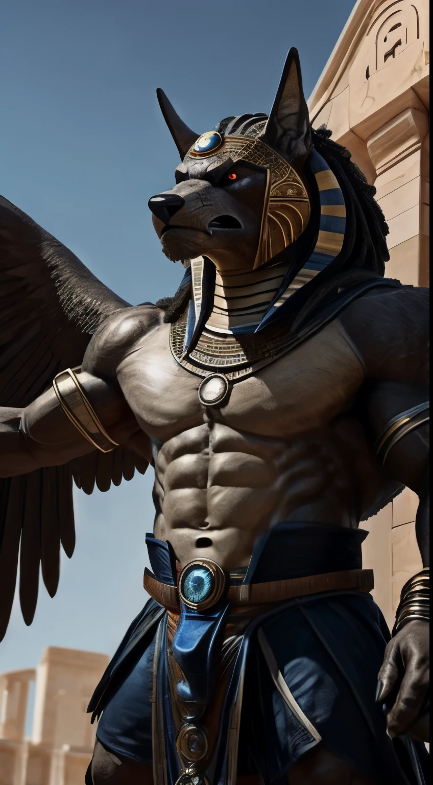 There's a powerful and imposing figure of the Egyptian god Horus clad in ancient costume, standing before an imposing building. This isn't just any Horus, but the Angry Storm God Horus, one of the most revered and fearsome deities of ancient Egypt. With his distinctive falcon head, piercing golden eyes, and intricately designed headdress adorned with feathers and precious gems, this portrait exudes an aura of mystique and grandeur. The intricate details of his reptilian Anubis-like body, complete with six wings and four fingers, demand awe and respect from all who gaze upon him. The God of the Egyptian sky, wind