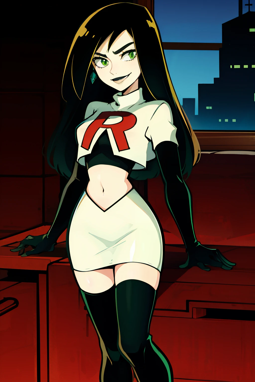 shego, green eyes, black lipstick, team rocket uniform, red letter R, white skirt,white crop top,black thigh-high boots, black elbow gloves, evil smile, 