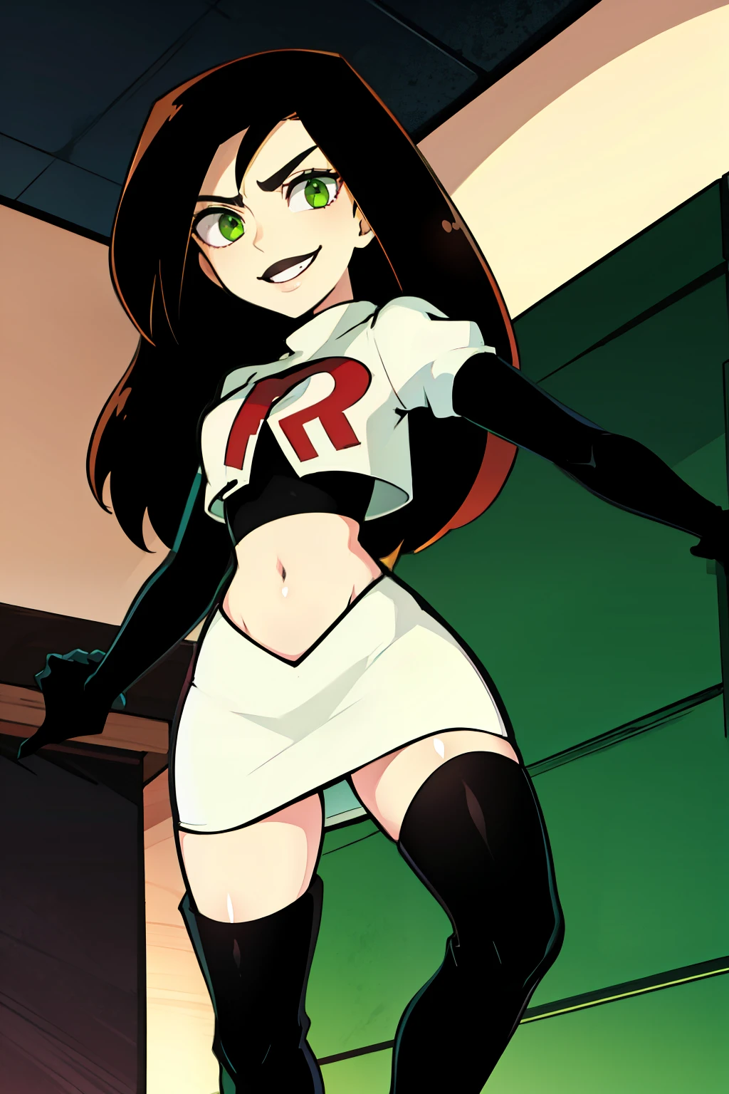 shego, green eyes, black lipstick, team rocket uniform, red letter R, white skirt,white crop top,black thigh-high boots, black elbow gloves, evil smile, 