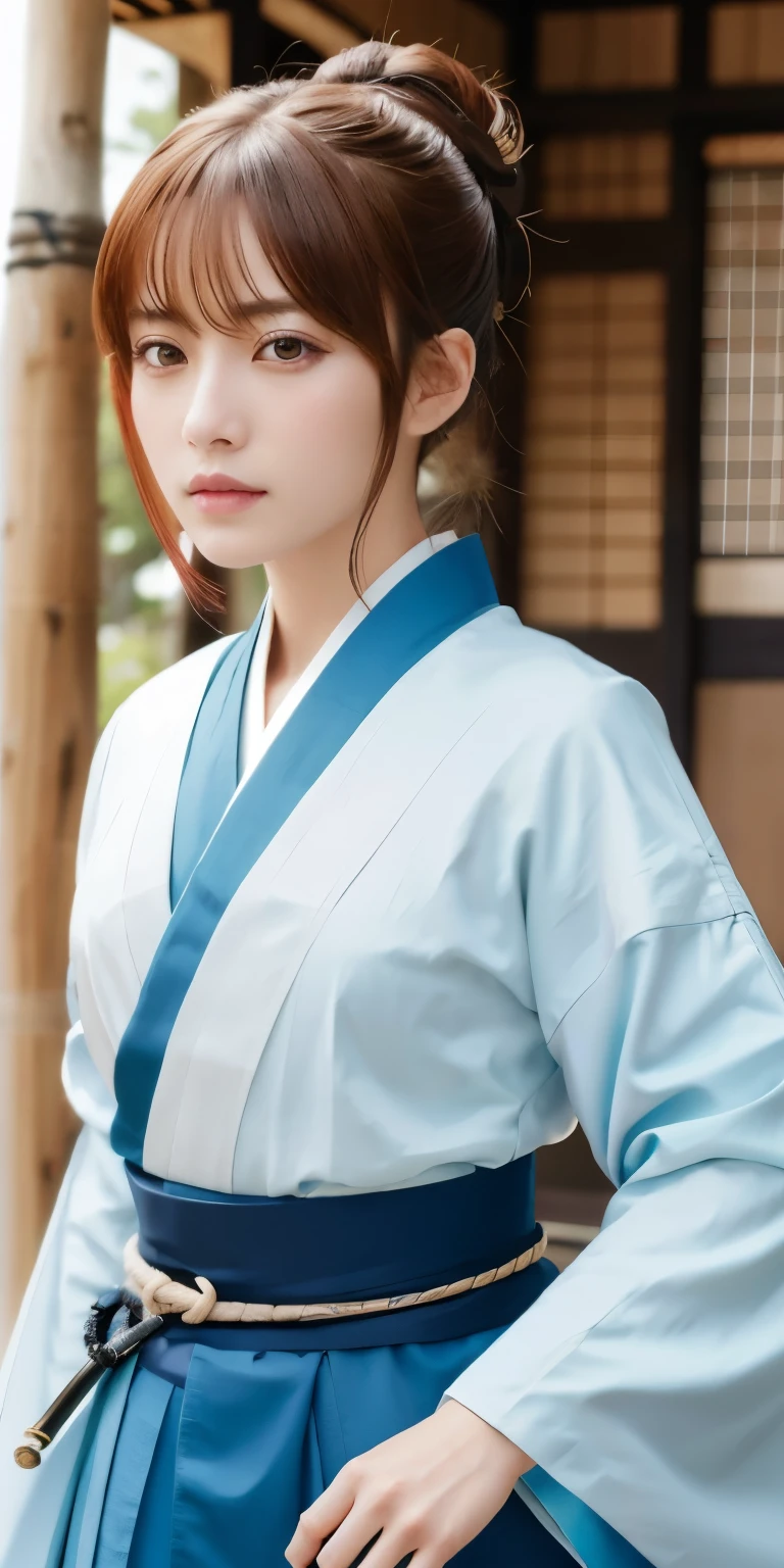 Super realistic beautiful eyes, Wearing the Shinsengumi haori、Wearing a Japanese sword on your waist、Japanese swords are important、sword and wakizashi、solo shooting、Rin々work、Keep your face and expression、Anyway, please send me an image based on the concept of a female swordsman wearing Shinsengumi costumes.
