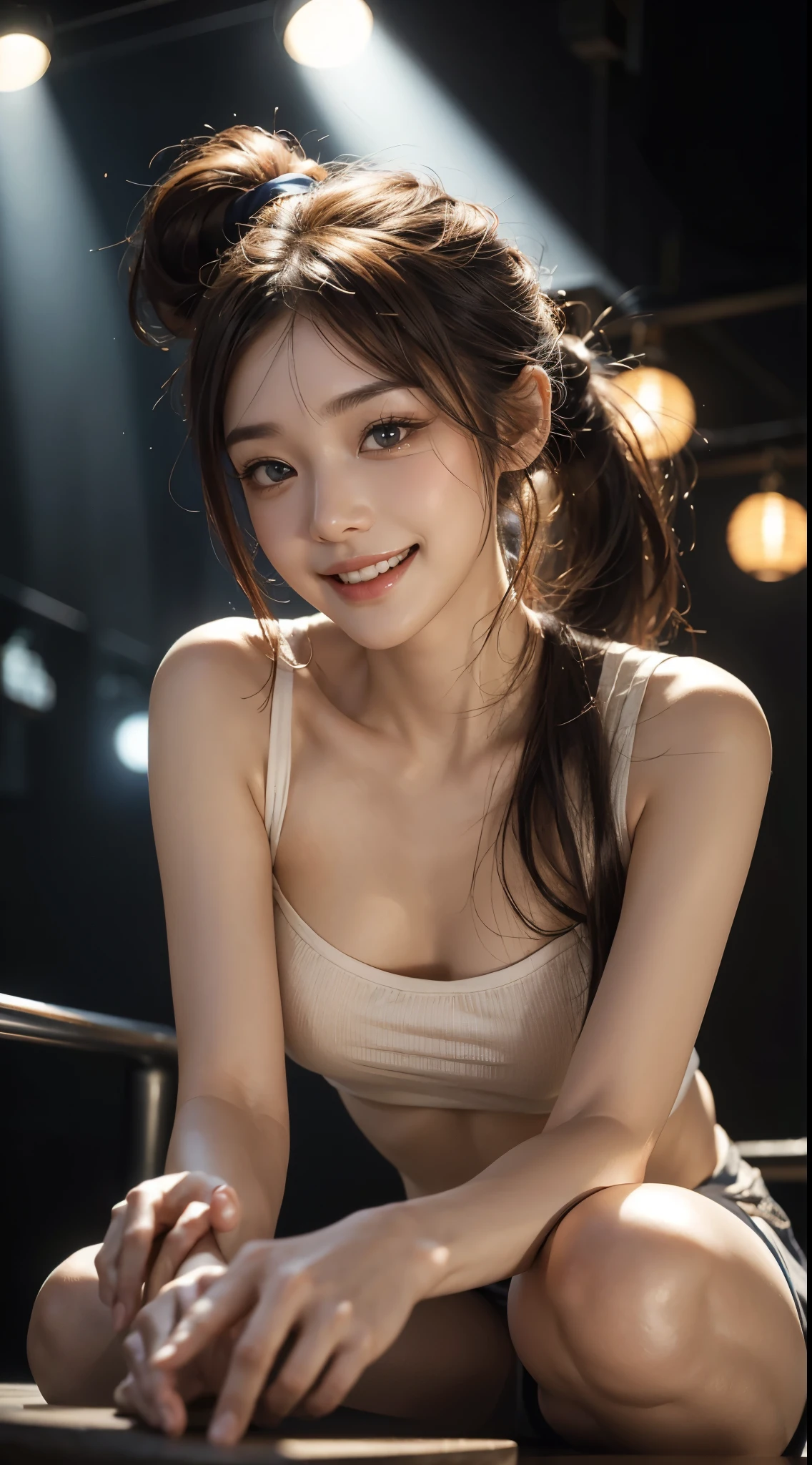 highest quality、8K、32k,toothy smile、((close:1.3)),cute japanese girl、1 girl、((ponytail))、profile、Clear black eyes,sparkling eyes,Medium chest,beautiful feet,(slim body shape:1.2)、(lips) 、（orange hair）、double eyelid、shiny skin、realistic rays of light、big、beautiful face、(laughter:1.3),(from below:1.2)、(close:1.4),Bright terrace,black chibi t-shirt、blurred background、(front pin)、realistic、professional lighting、highly detailed face、award-winning、deep shadow、((Ultra-realistic raw photos)),fine eyes,Lifelike eyes,thin hair,