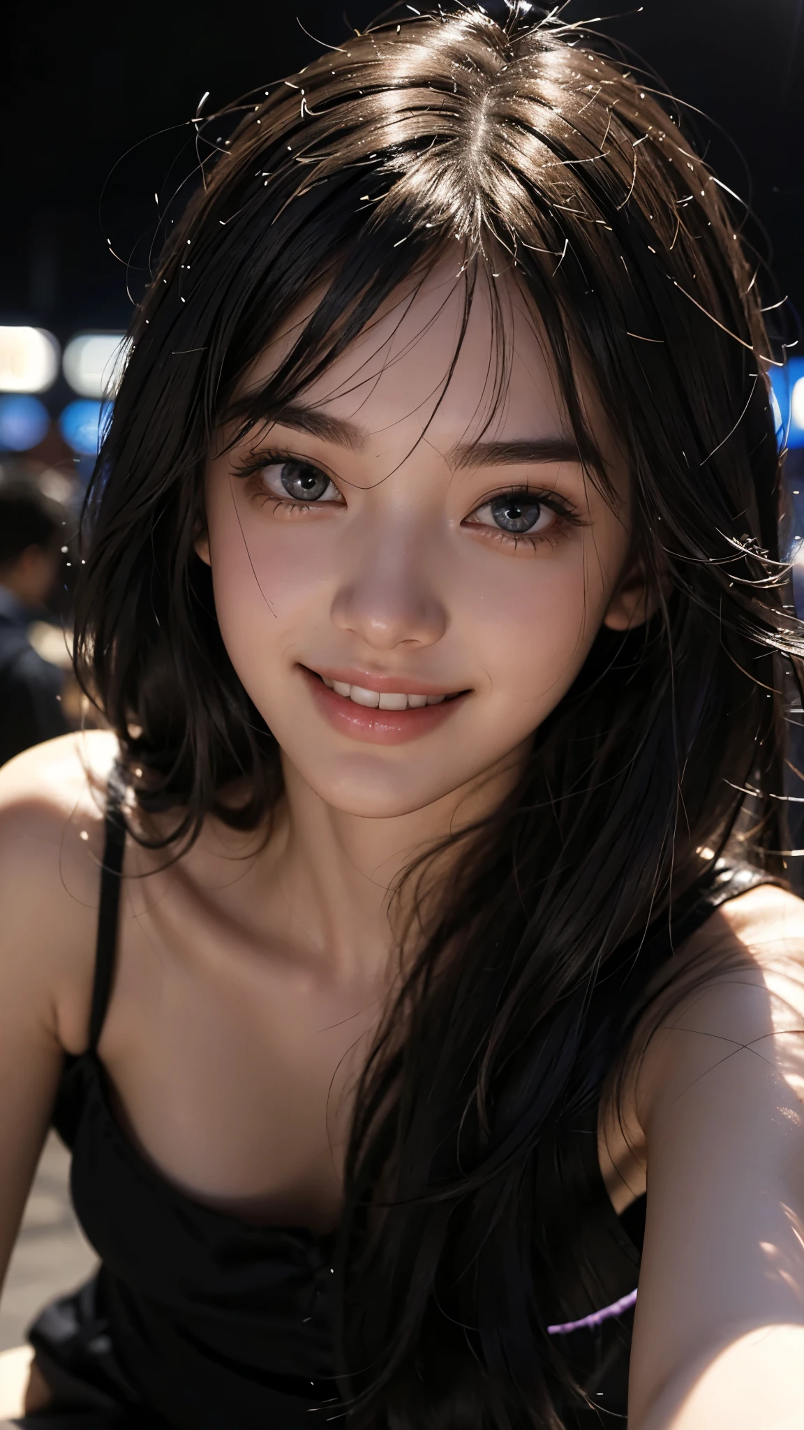 cute 22 year old,1 girl,slim face ,8K,Super realistic image quality,dynamic shadow,sparkling eyes,Clear black eyes,movie theater lighting,dark back alley,night,Darkness of the city,one piece skirt, ((face close up:1.5)),((A smile showing white teeth)),((long hair)),((very short bangs)),close, 8K, Raw photo, highest quality, masterpiece,realistic, photo-realistic,