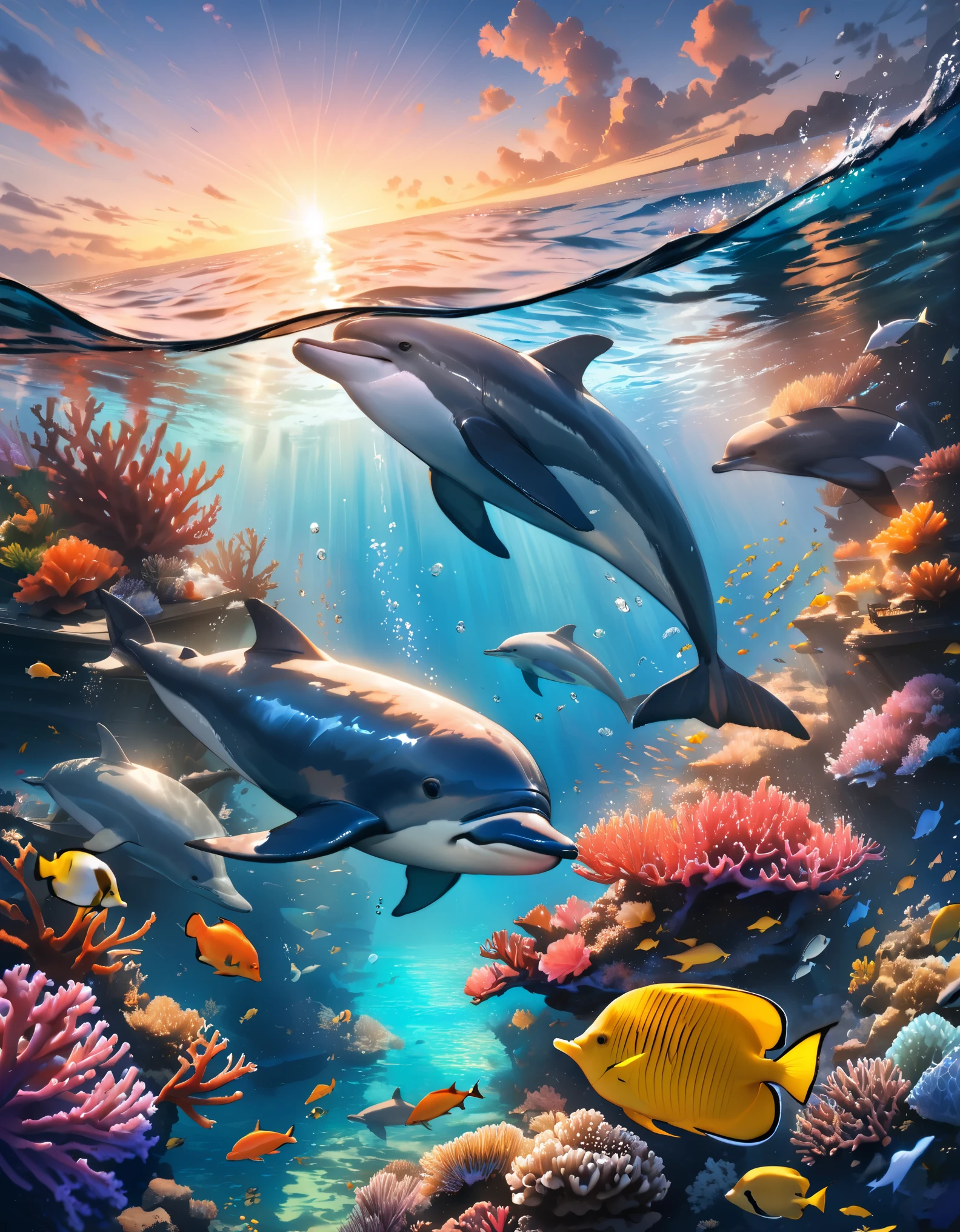 (best quality,4k,8k,highres,masterpiece:1.2),underwater dance,twirling waves,splashing foam,coral reef,tropical fish school,dancing sea kelp,sunset glow,moonlight shining,dolphin leaping out of water Medium:illustration Additional Details:dancing sea creatures, colorful underwater flora, shimmering water surface, scattered seashells Image Quality:ultra-detailed,realistic,studio lighting,physically-based rendering,vivid colors,sharp focus Art Style:underwater,marine life,watercolor Color Palette:blue tones, coral colors, turquoise, yellow, pink Lighting:soft underwater lighting, warm sunset glow, moonlit reflection