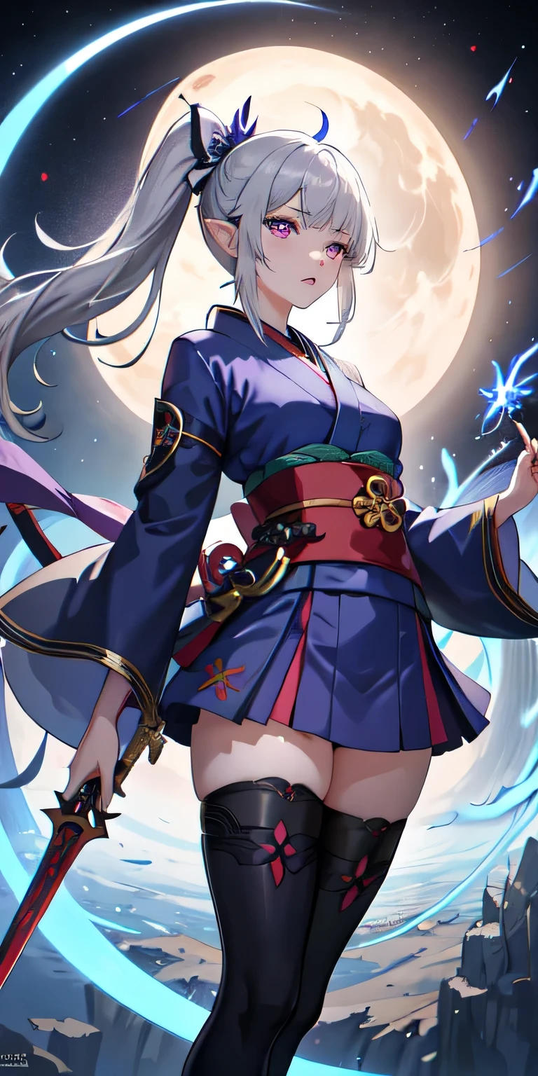1 girl, kimono, goblin,Freelen,ponytail ,gray hair, purple eyes, magic circle, blue fire, blue flame, wallpaper, landscape, Blood, Blood splatter, written boundary depth, night, particles of light, light, side light, thighs, destiny \(series\), genshin impact, ****, open jacket, skirt, Thighhighs, cloud