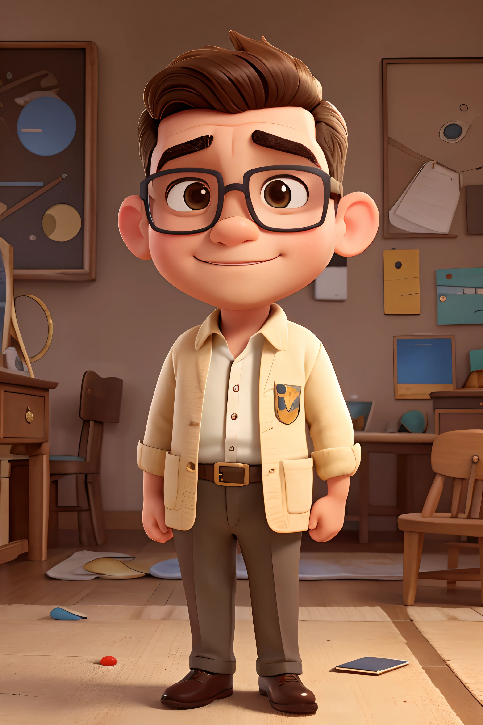 bonito pequeno historiador masculino 38 anos de idade, huge head, cebelos curto, wearing round gold thin frame glasses, olhos altamente detalhados , Full body view, figuras de brinqued